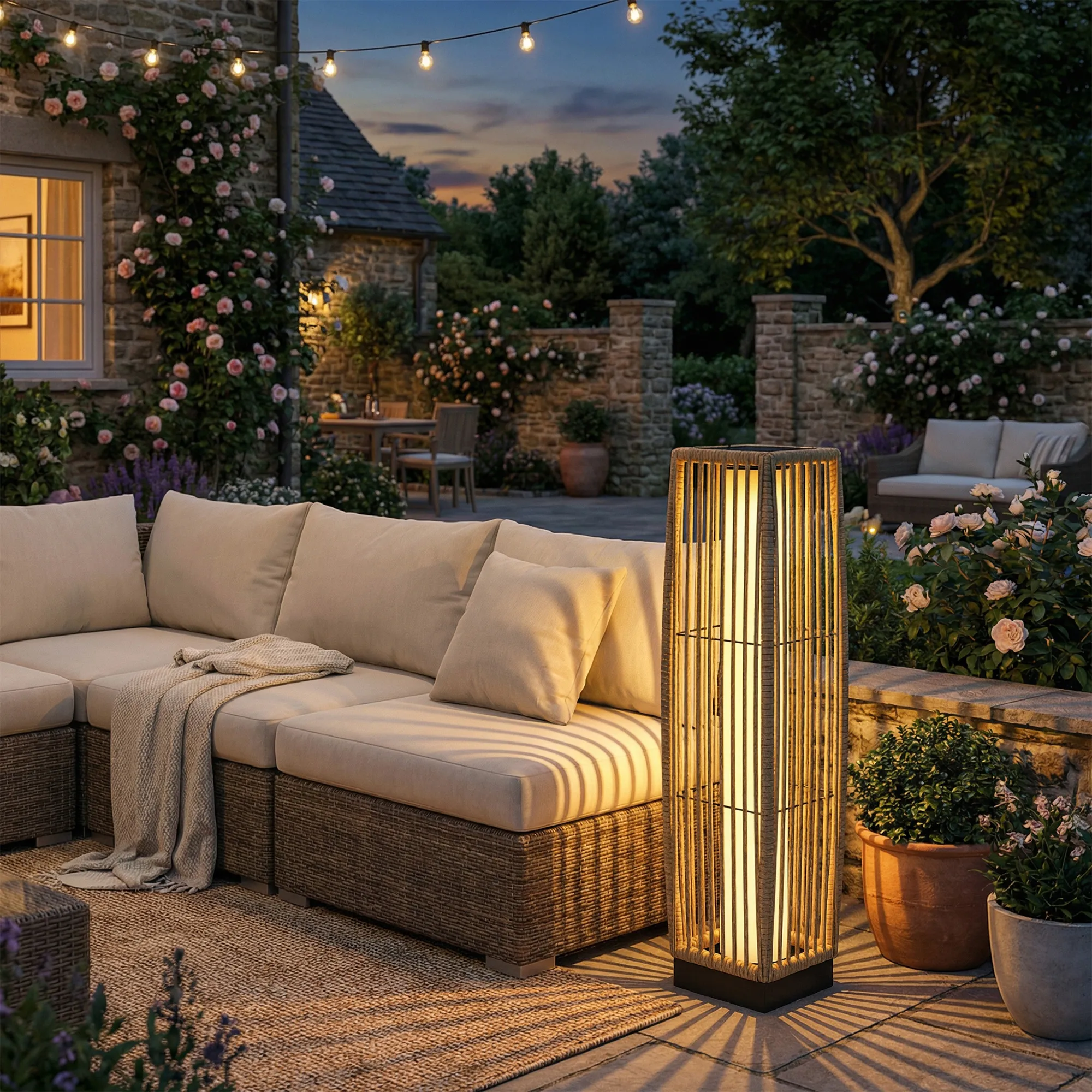 Solar Stehlampe Rattan Boho-Stil IP44, Sand, 19x19x68 cm