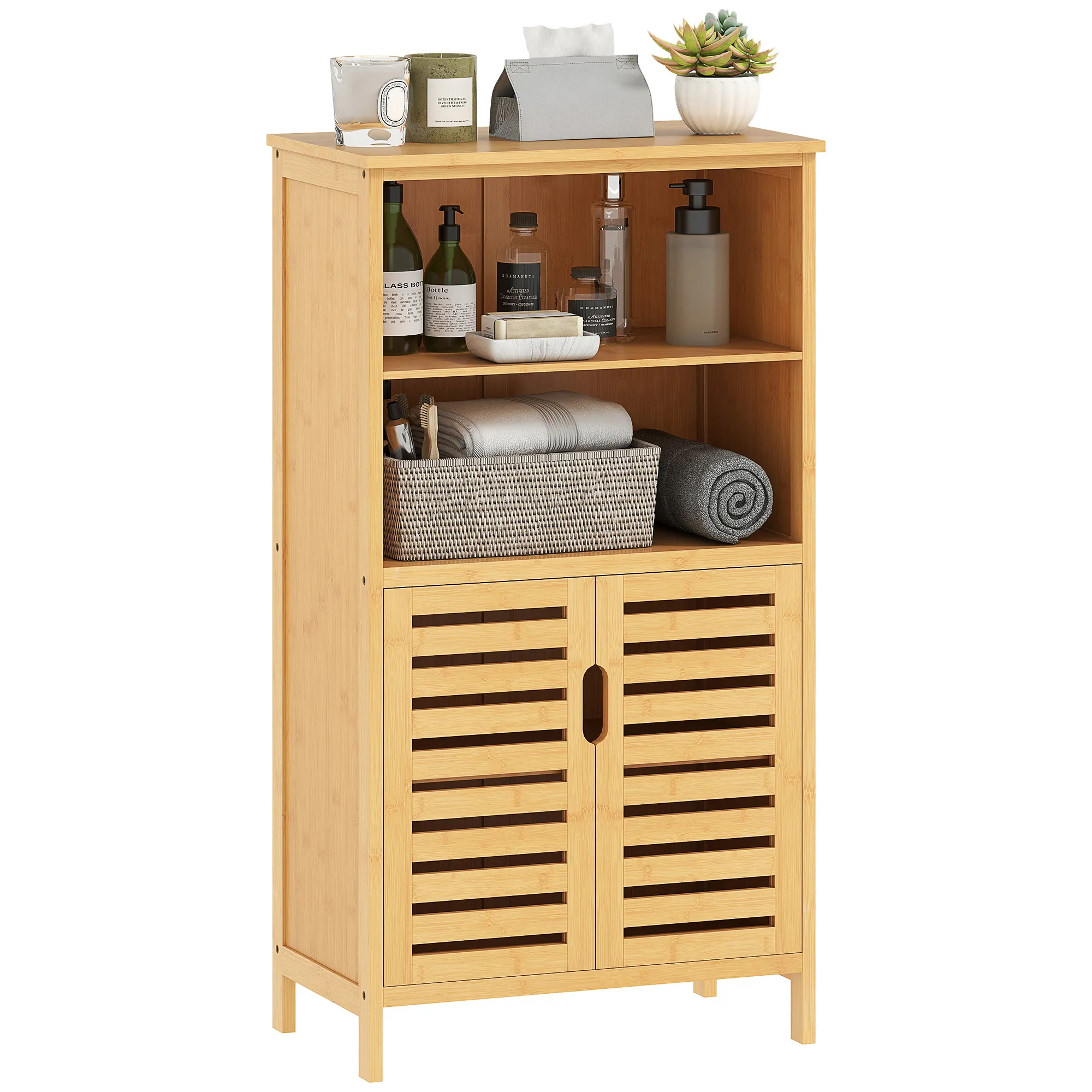 Badezimmerschrank aus Bambus, mit Lamellentüren, 2 Regale, 1 Schrank, 50 cm x 29 cm x 92 cm, Natur Badezimmerschrank aus Bambus, mit Lamellentüren, 2 Regale, 1 Schrank, 50 cm x 29 cm x 92 cm, Natur