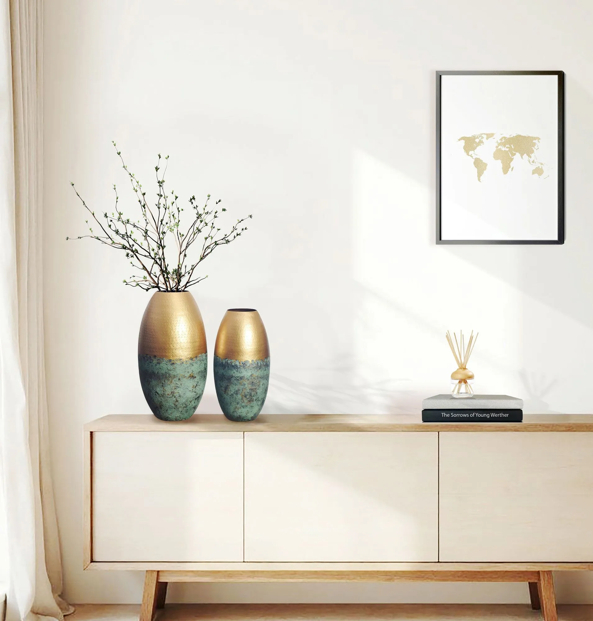 Deko Vase 2er Set Aluminium Gold Patina Blumenvase Modern