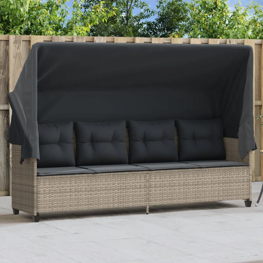 Sonnenliege mit Dach 204x75x140 cm Hellgrau aus PE-Rattan und Stahl