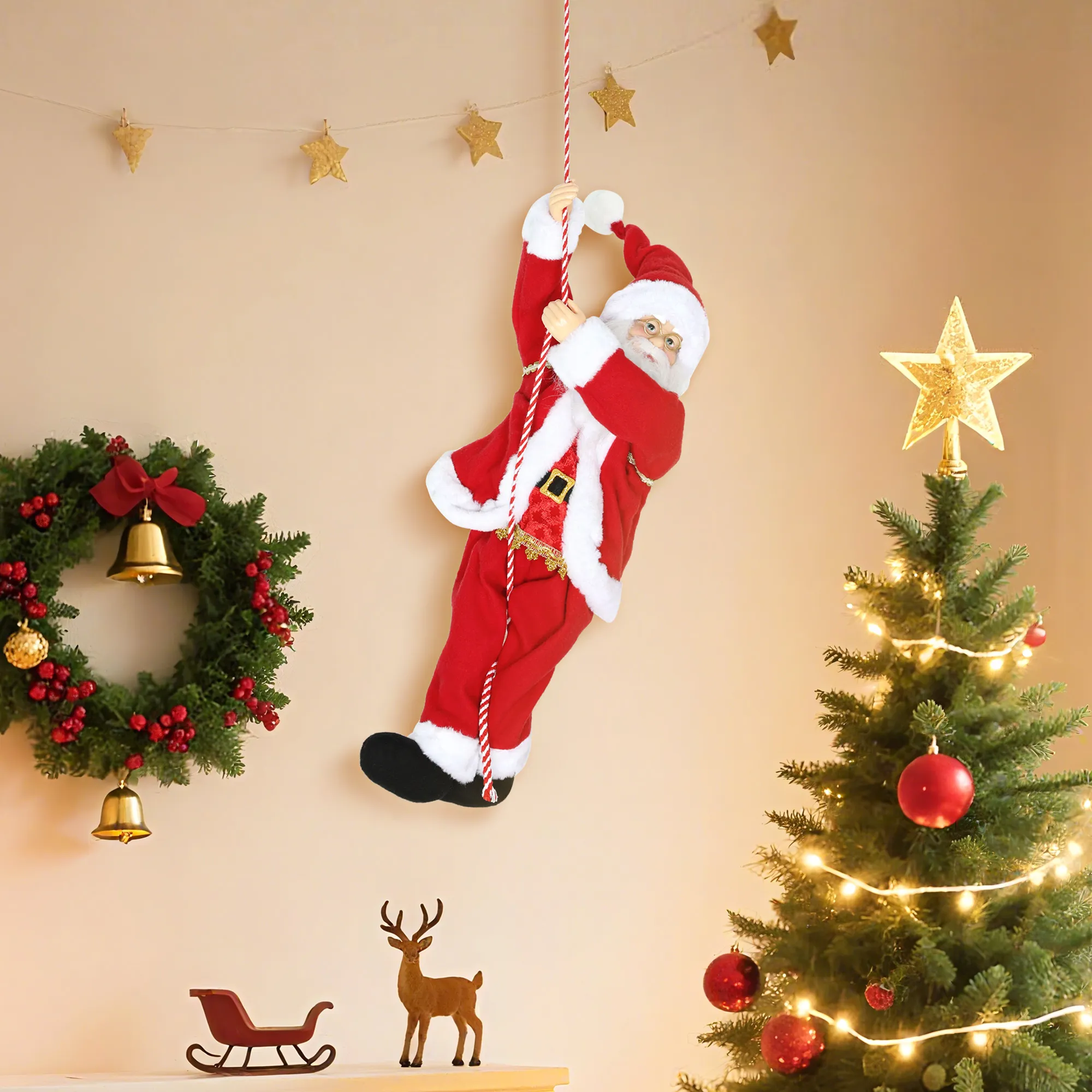 Weihnachtsmann 60 cm Singend und Kletternd Weihnachtsmann mit Geschenk Seil Soundfunktion Indoor, Rot