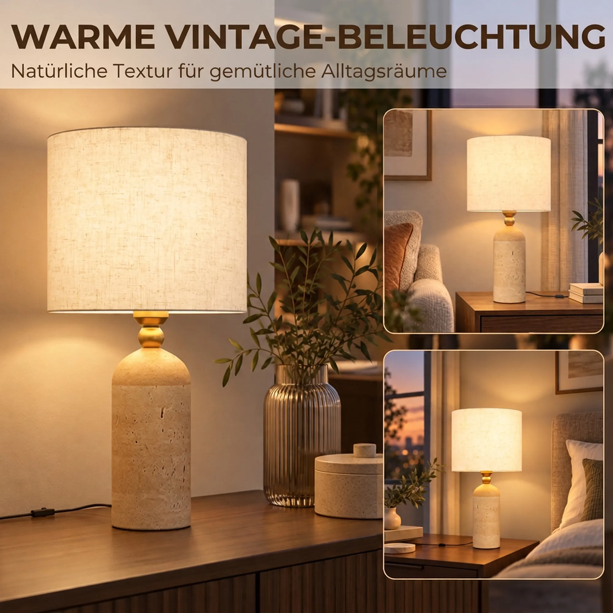 Tischlampe Vintage Travertin Stoffschirm E27 Beige 48 cm