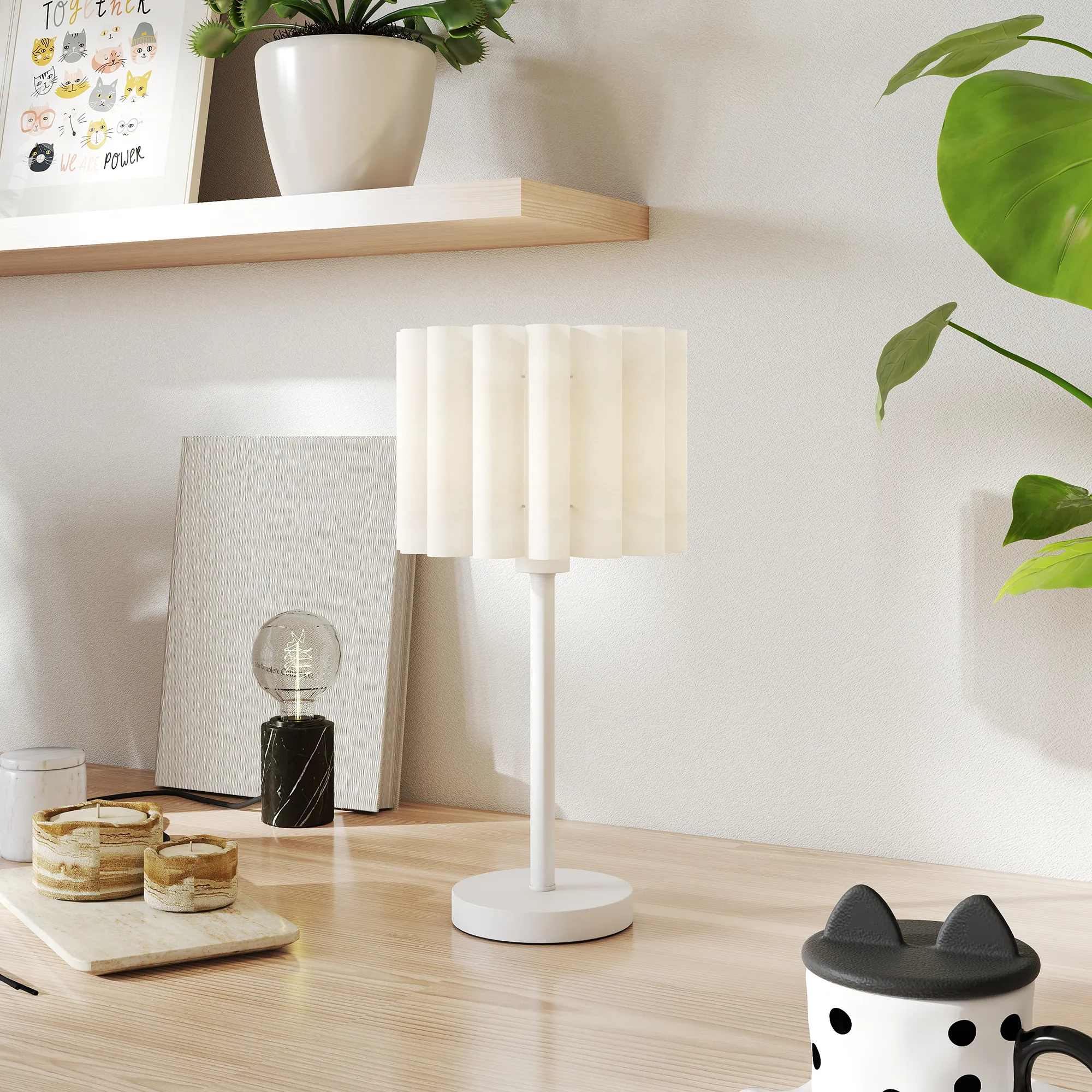 Tischlampe Retro-Stil Kunststoff-Schirm E27 Metallfuß Weiß