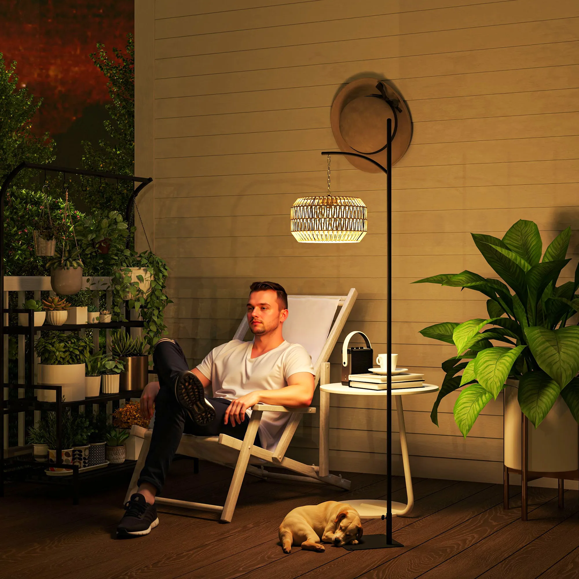 Solar Stehlampe Rattan Boho-Stil IP44 Schwarz-Gelb 178 cm