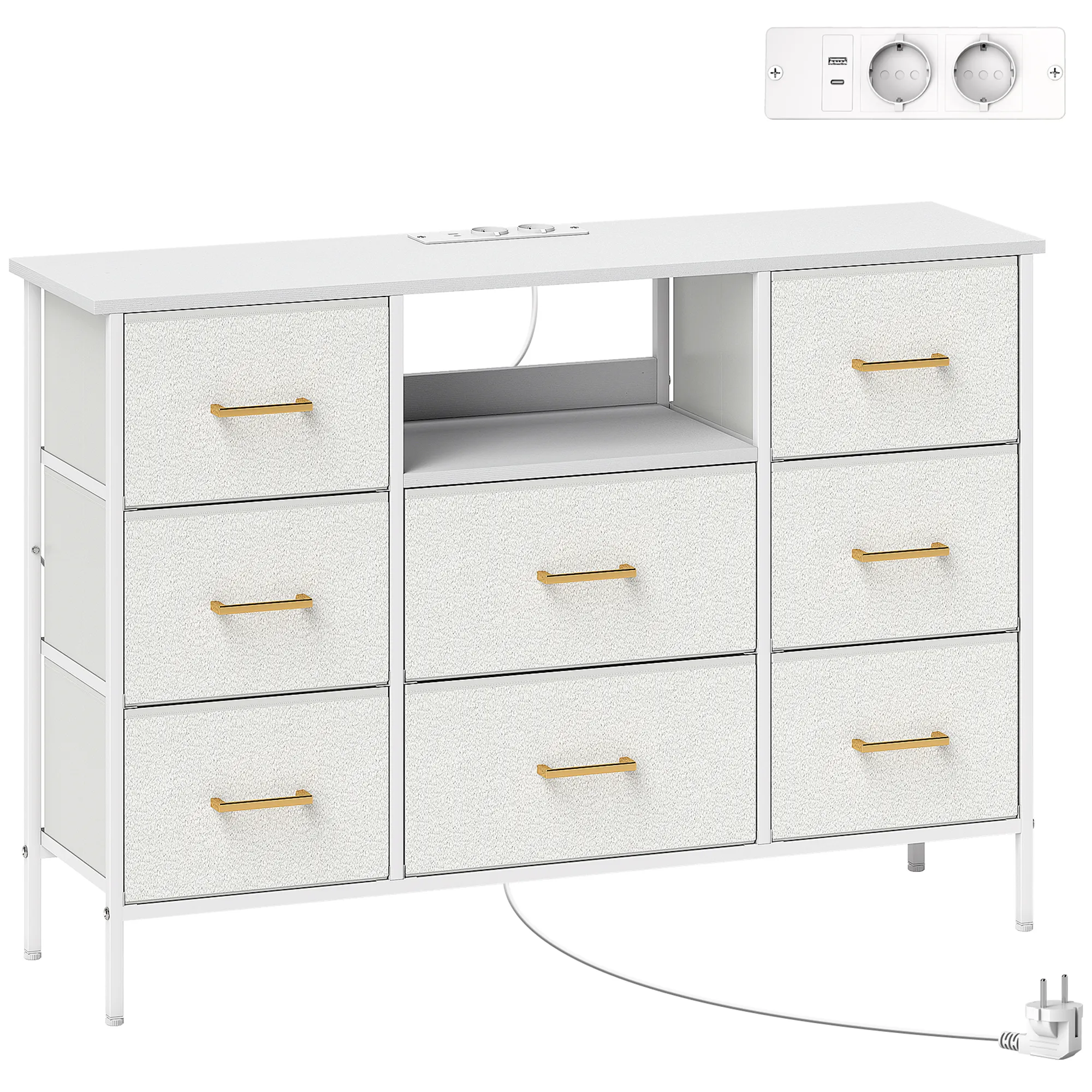 Kommode, Aufbewahrungsschrank mit 8 Schubladen aus Stoff, Steckdosenleiste, Stahlrahmen, Schubladenschrank für Flur, Schlafzimmer, Wohnzimmer und Büro, Cremeweiß Kommode, Aufbewahrungsschrank mit 8 Schubladen aus Stoff, Steckdosenleiste, Stahlrahmen, Schubladenschrank für Flur, Schlafzimmer, Wohnzimmer und Büro, Cremeweiß