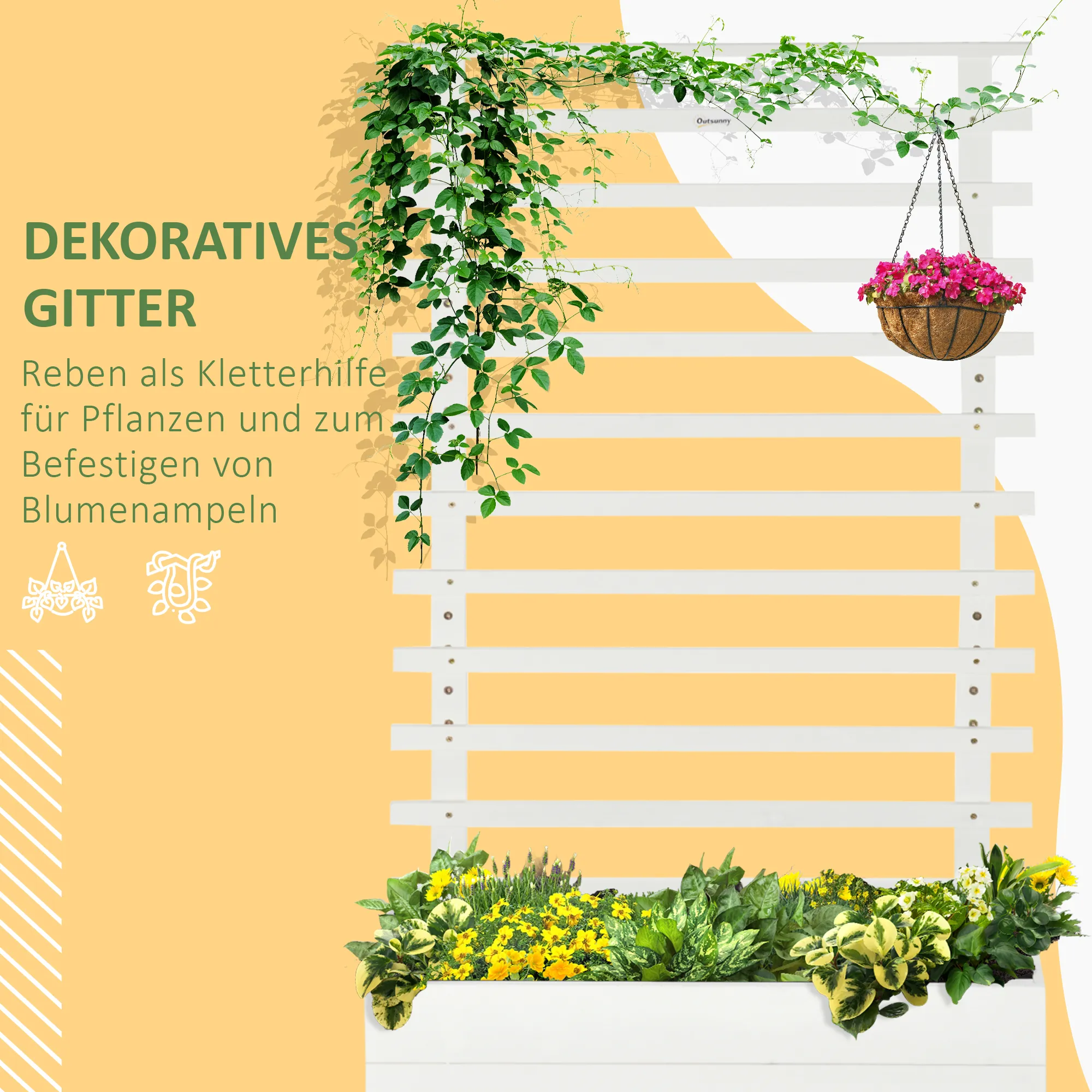 Blumenkasten mit Spalier 76L x 30B x 155H cm in Weiß