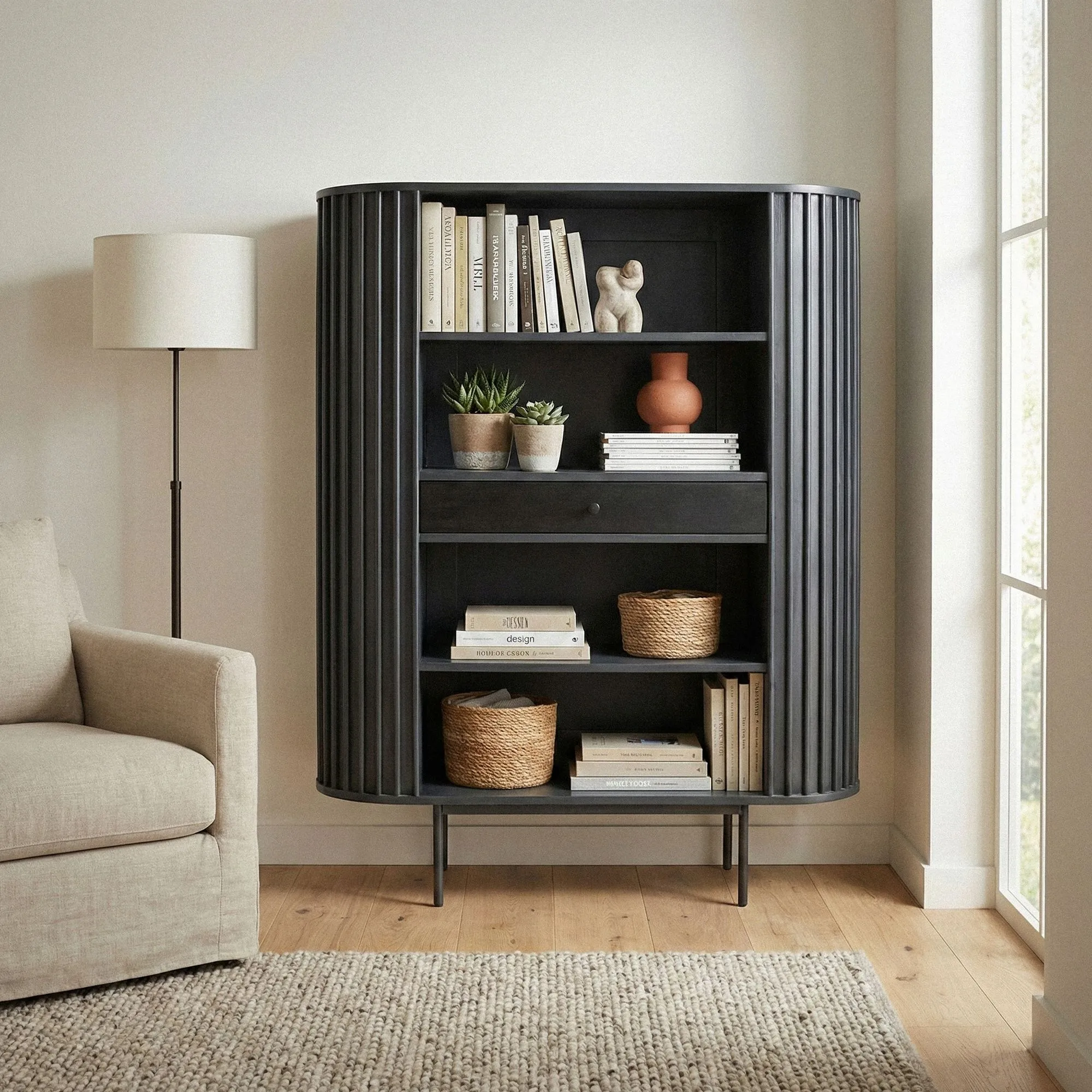Bücherregal Massivholz Mango 105x122 cm Lamellen Design Schwarz - Offenes Standregal mit Schublade - Stauraumregal Metallbeine - Wohnregal Wohnzimmer - Kleiner Schrank Regal Handmade