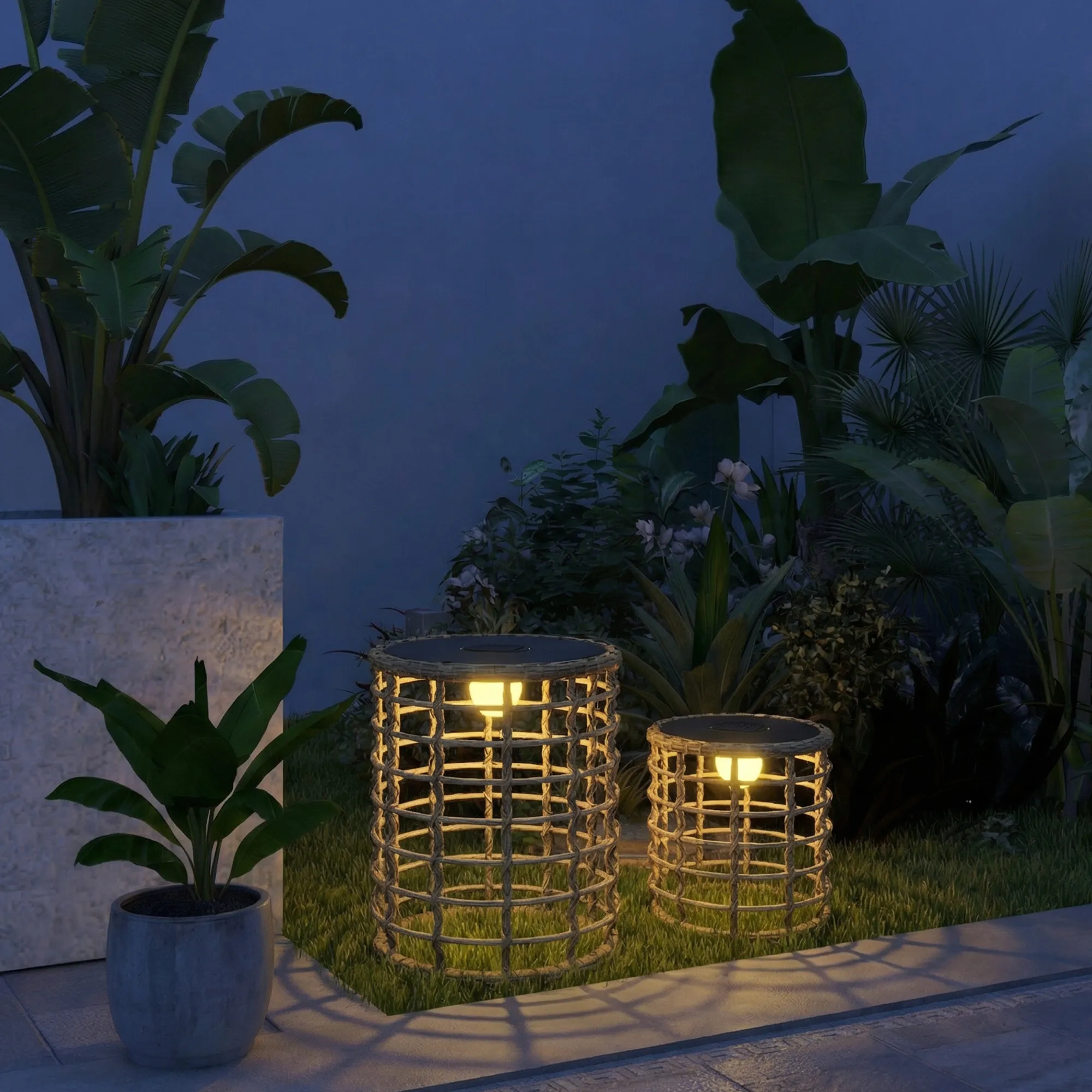 Solar Stehlampe 2er Set Rattan Boho-Stil Sand Schwarz IP44