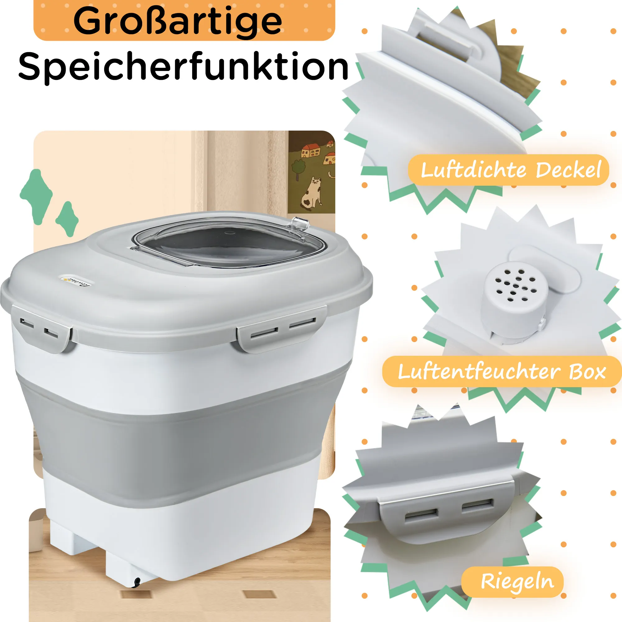 Hundefutter-Behälter 25L/5L Grau mit Rollen und Klappdeckel