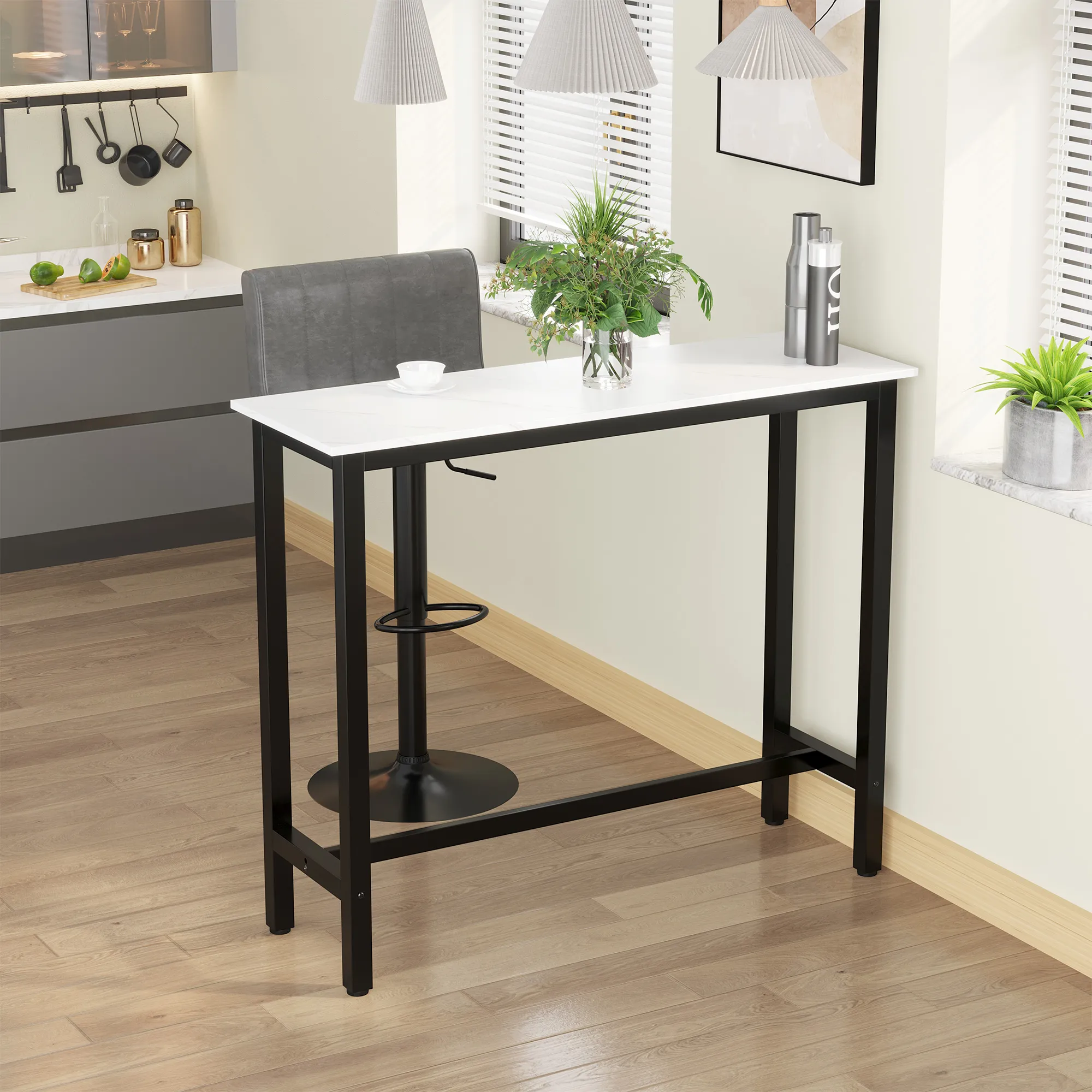 Bartisch 120x40x100 cm in Weiß und Schwarz mit Marmoroptik