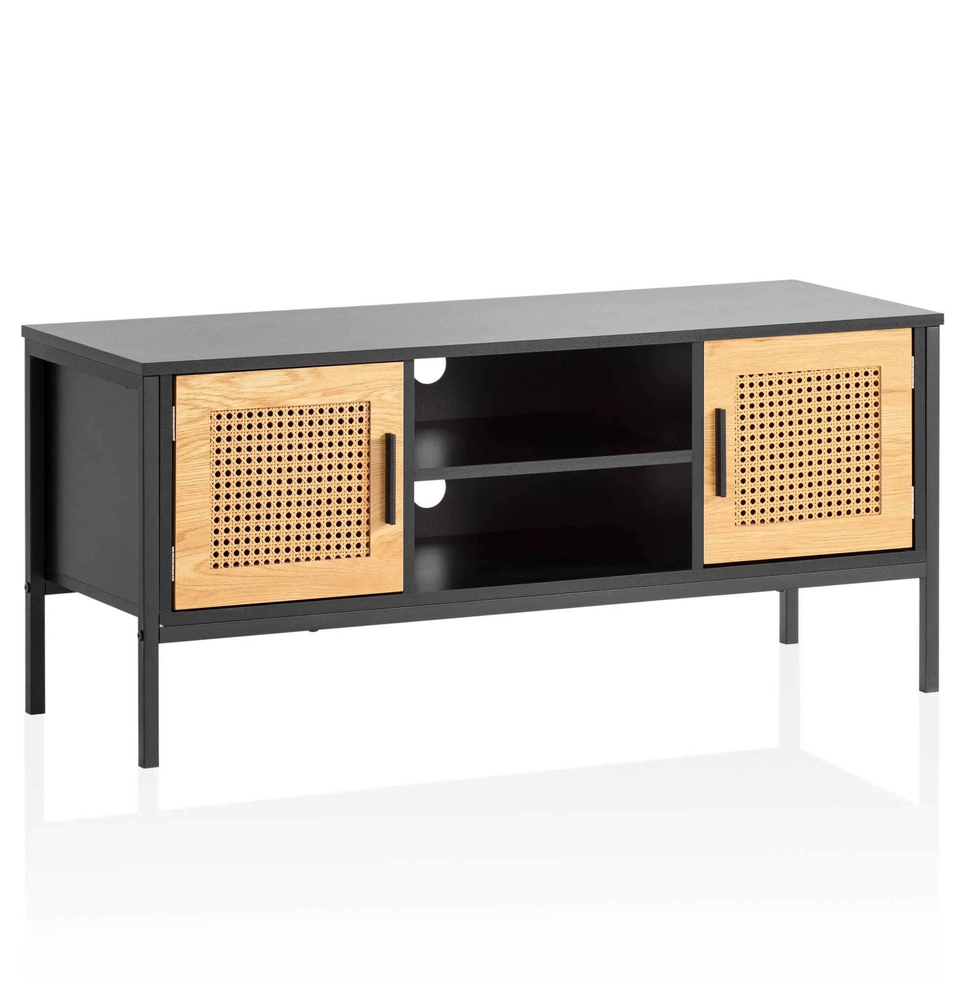 Wohnling Lowboard Schwarz / Eiche mit Wiener Geflecht 110x48x40 cm TV-Kommode Zeitlos Wohnling Lowboard Schwarz / Eiche mit Wiener Geflecht 110x48x40 cm TV-Kommode Zeitlos