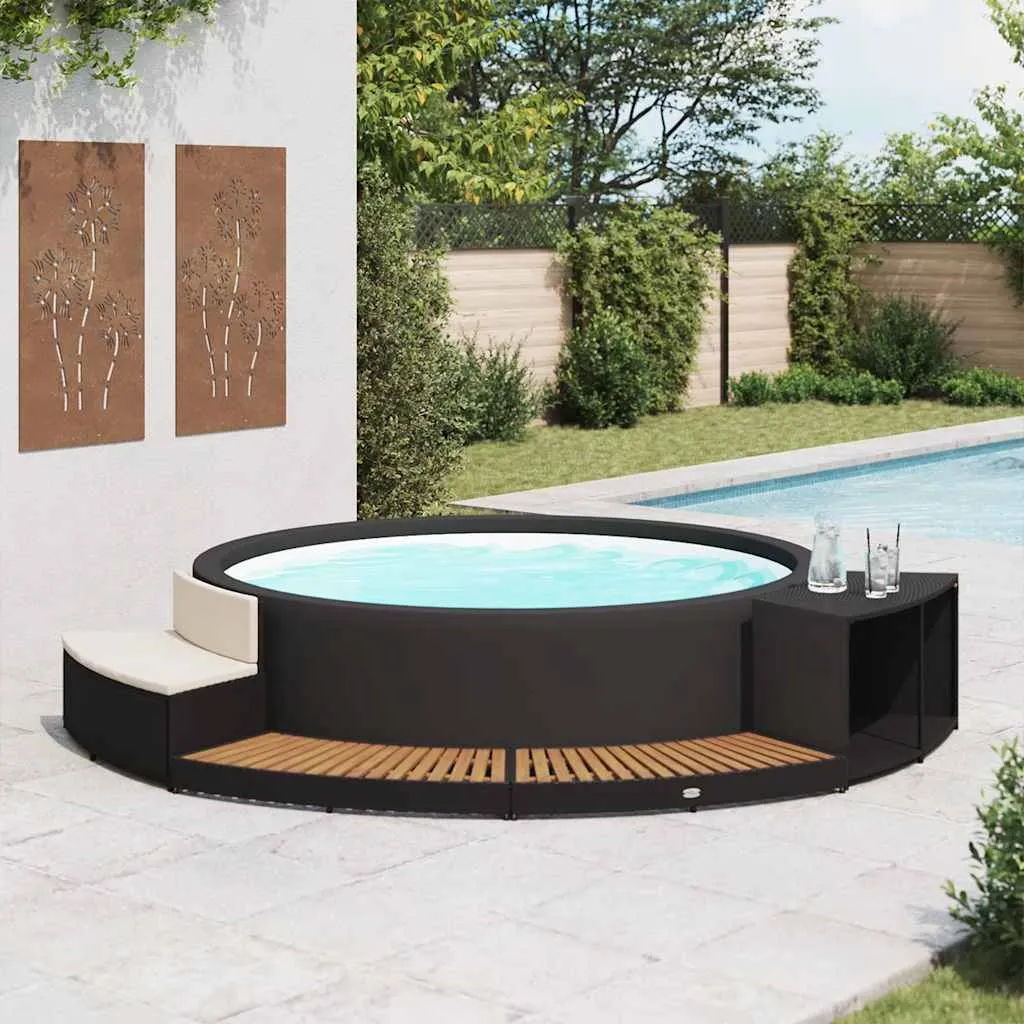 Whirlpool-Umrandung Schwarz Poly Rattan & Massivholz Akazie