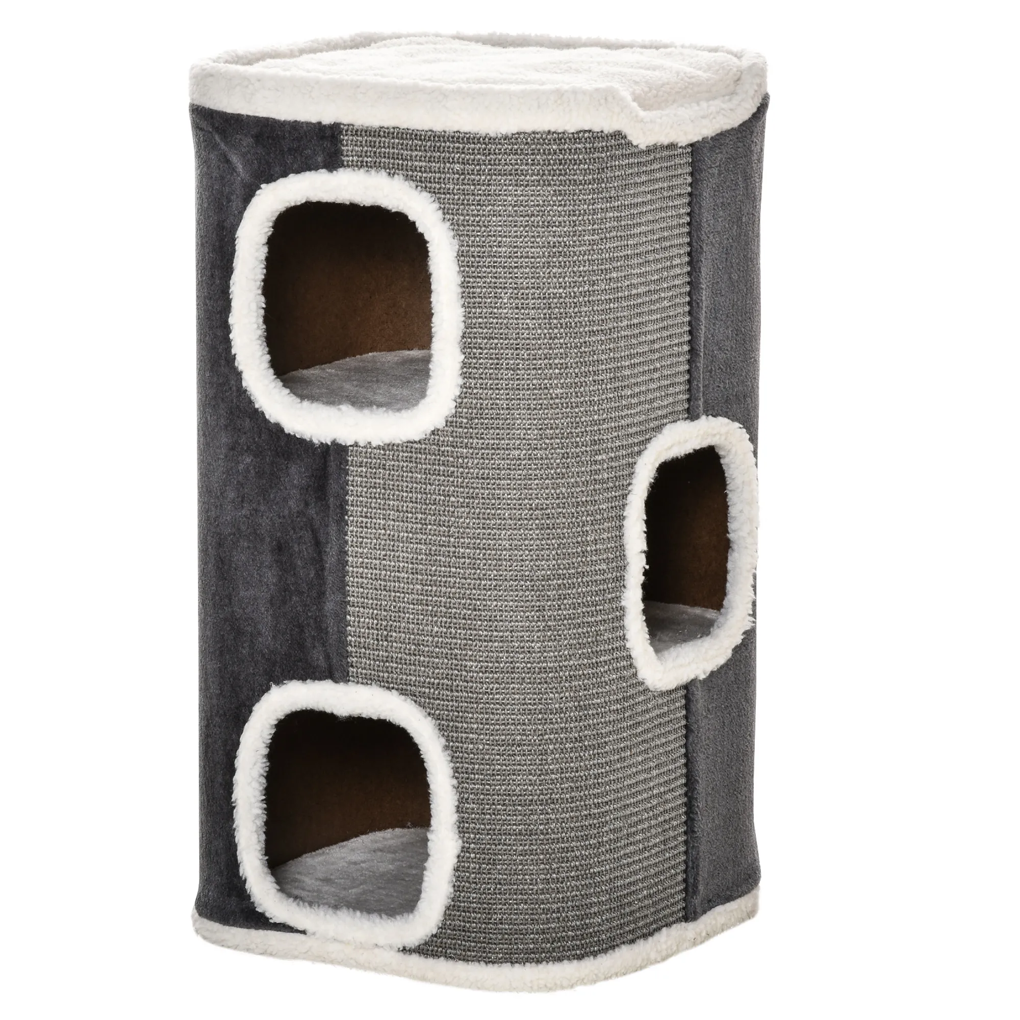 Kratztonne für Katzen Katzenkratzbaum 3 Ebenen Katzenbaum Kletterbaum für Katzen Katzenmöbel Spanplatte samtartiges Polyester Sisal Grau+Weiß 40 x 40 x 74 cm