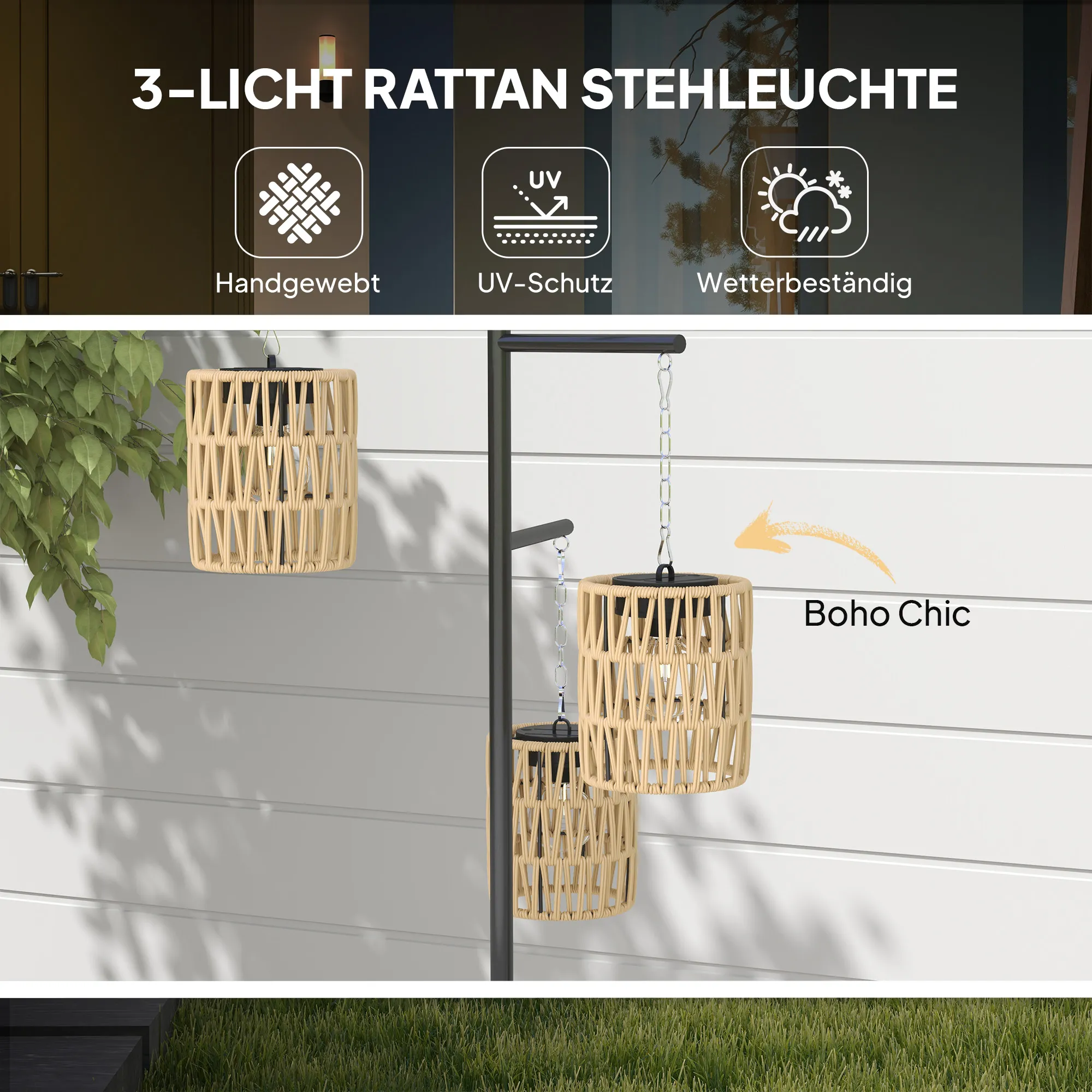 Solar Stehlampe Rattan Boho-Stil 3-flammig IP44 Gelb-Schwarz