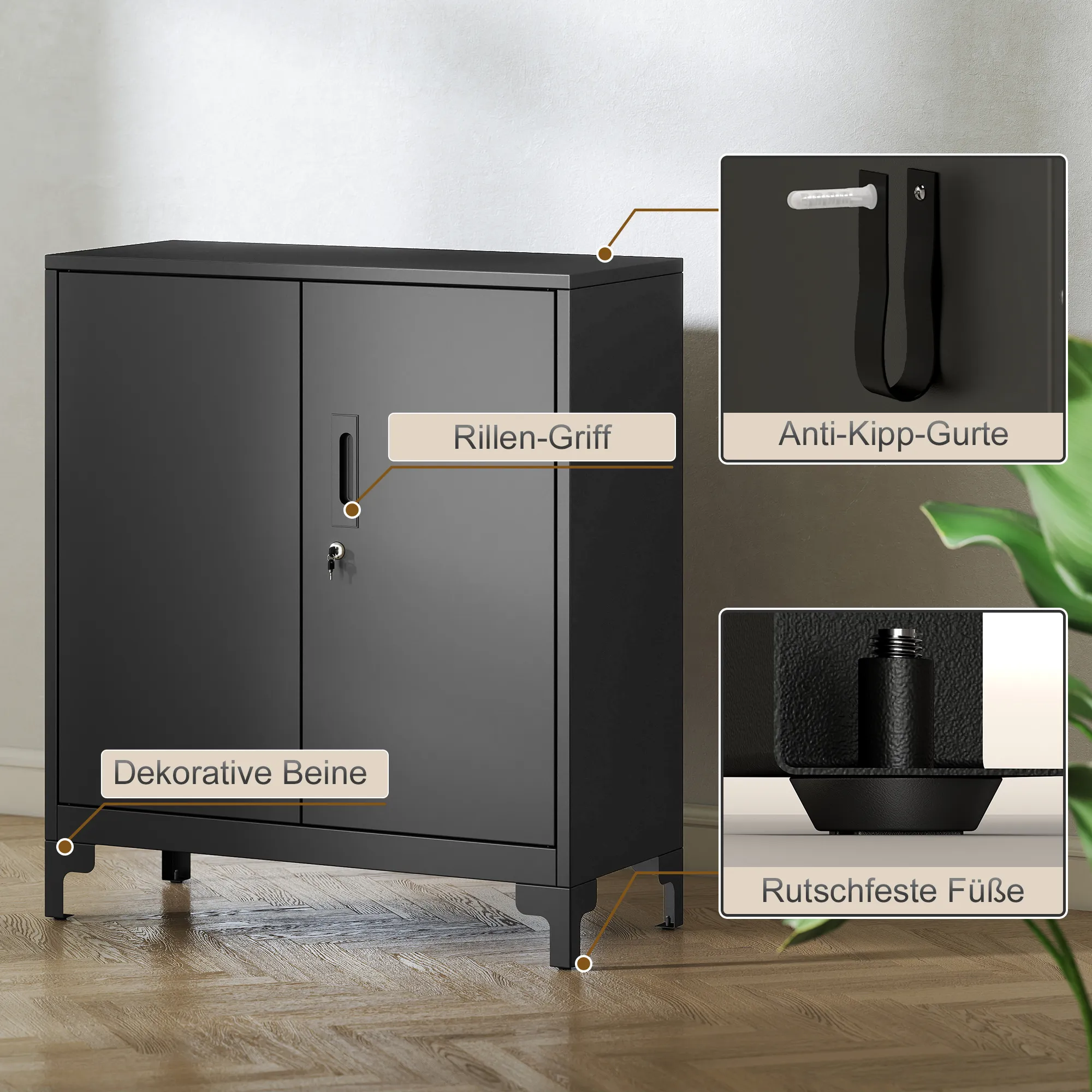 Büroschrank aus Metall, verschließbare Türen, Bürokommode, 2-stufiges Design, Schwarz