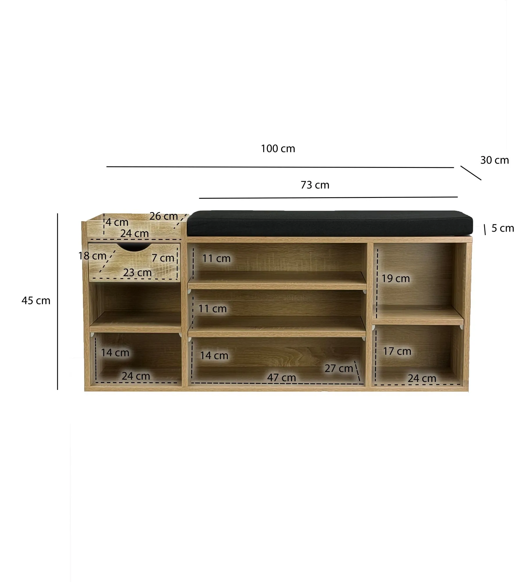 Schuhbank Flur Sonoma Eiche 100cm mit Sitzkissen – Sitzbank mit Schublade und verstellbaren Regalböden – Flurmöbel Schuhregal modern für den Eingangsbereich – Flurbank mit Stauraum