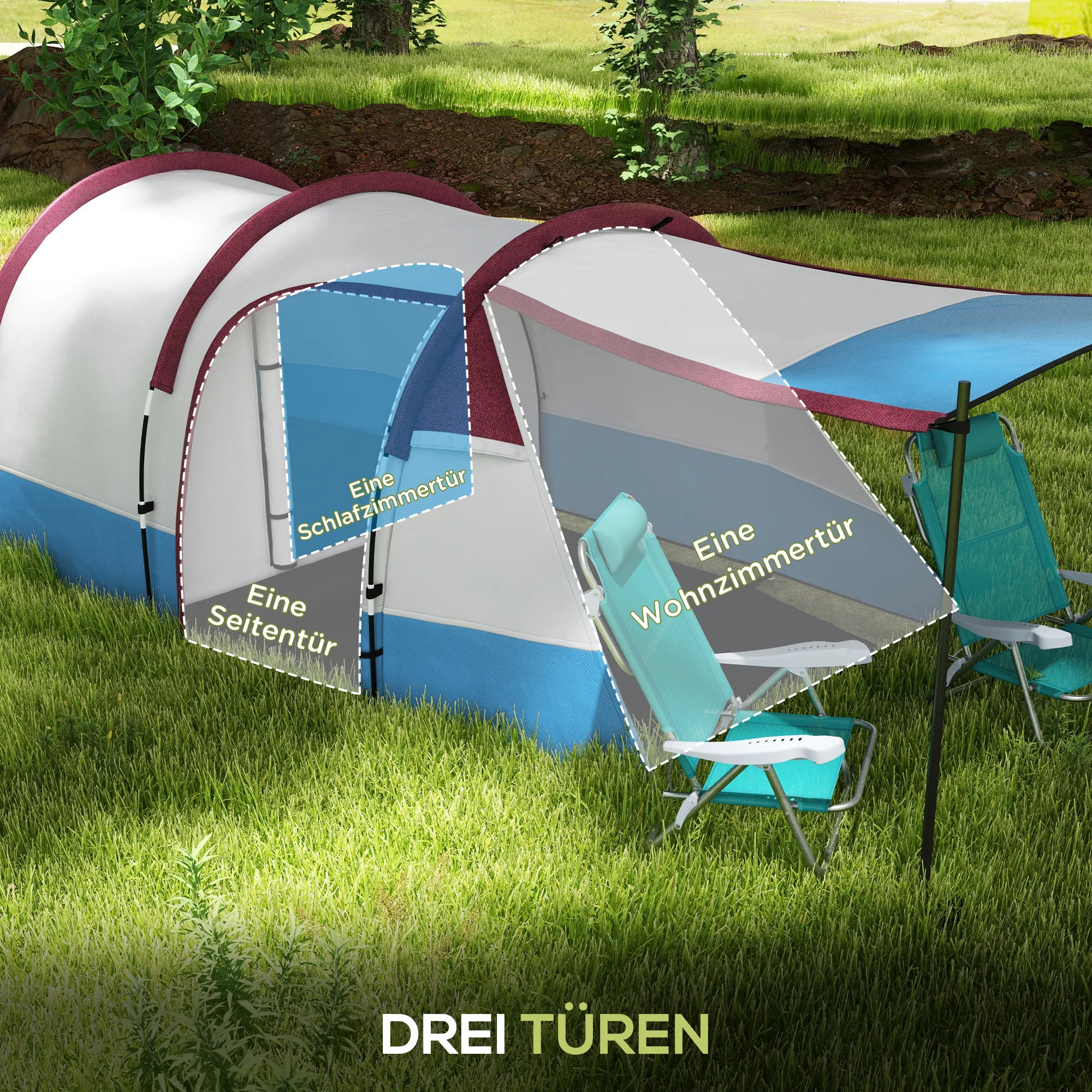 Tunnelzelt 4 Personen 420x200x150 cm Rot