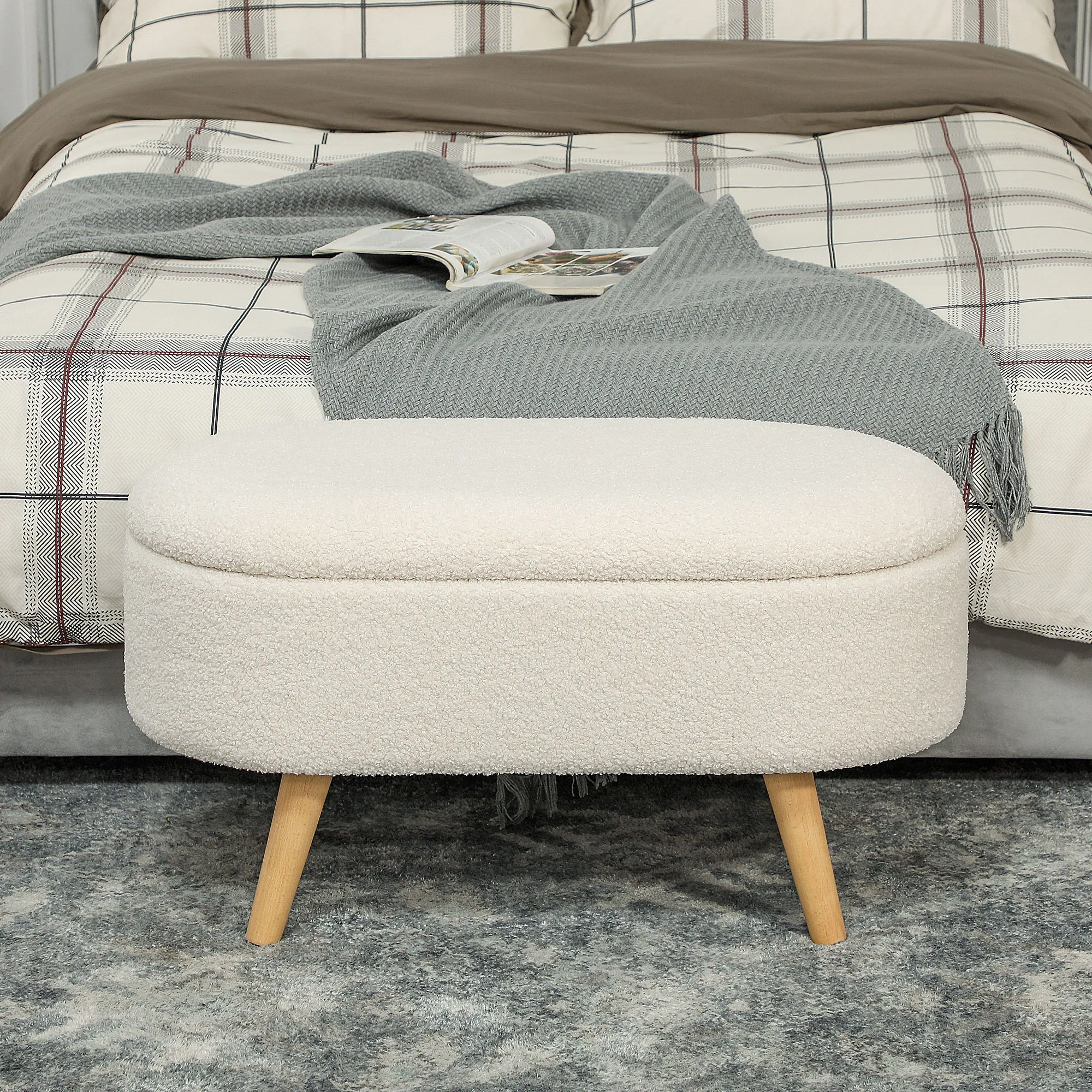 Sitzbank mit Stauraum und Deckel, Fußhocker für Flur, Wohnzimmer, Schlafzimmer, Holz, Stoffbezug, Weiß