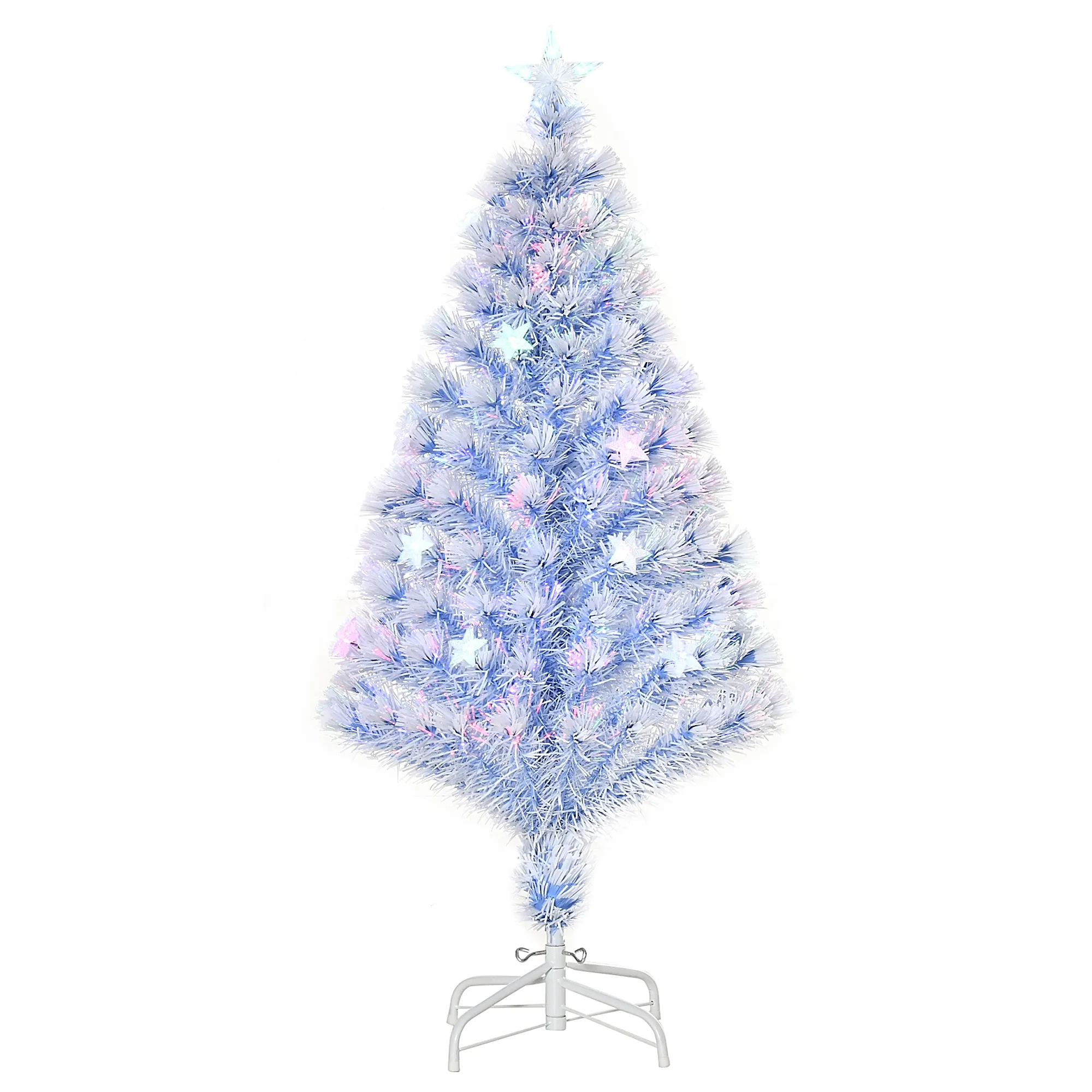 Künstlicher Weihnachtsbaum 120 cm Christbaum künstlich mit Glasfaser und LED-Beleuchtung, 130 Spitzen Tannenbaum inkl. Stahlständer für Drinnen Weiß+Blau