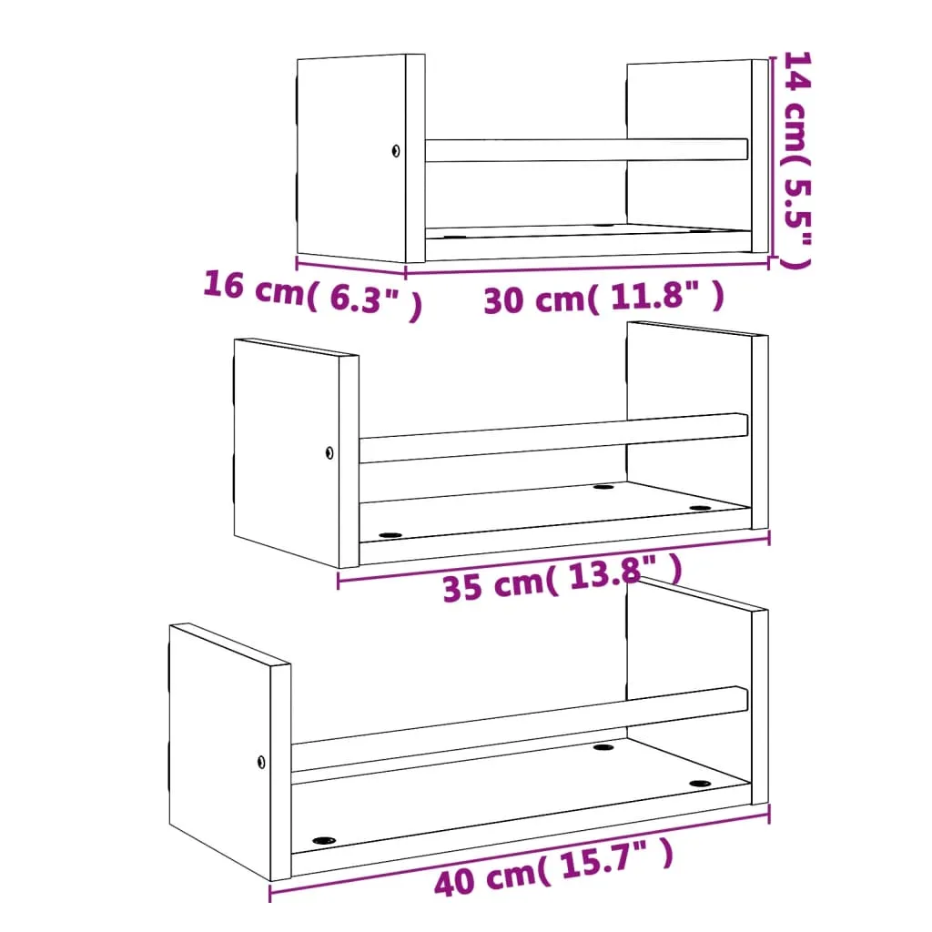 Wandregal-Set Räuchereiche 30/35/40 x 16 x 14 cm