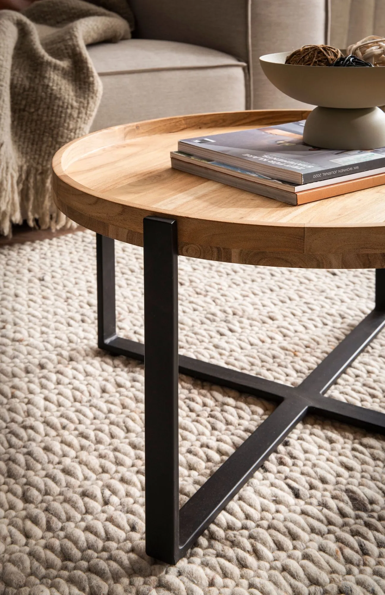 Couchtisch 60x60x36 cm Akazie Massivholz Metall Hellbraun Sofatisch Rund