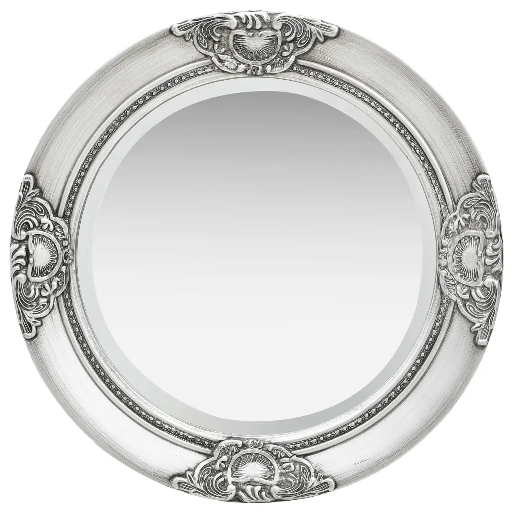 Runder Wandspiegel 50 cm Silber mit Massivholz Rahmen im Barockstil