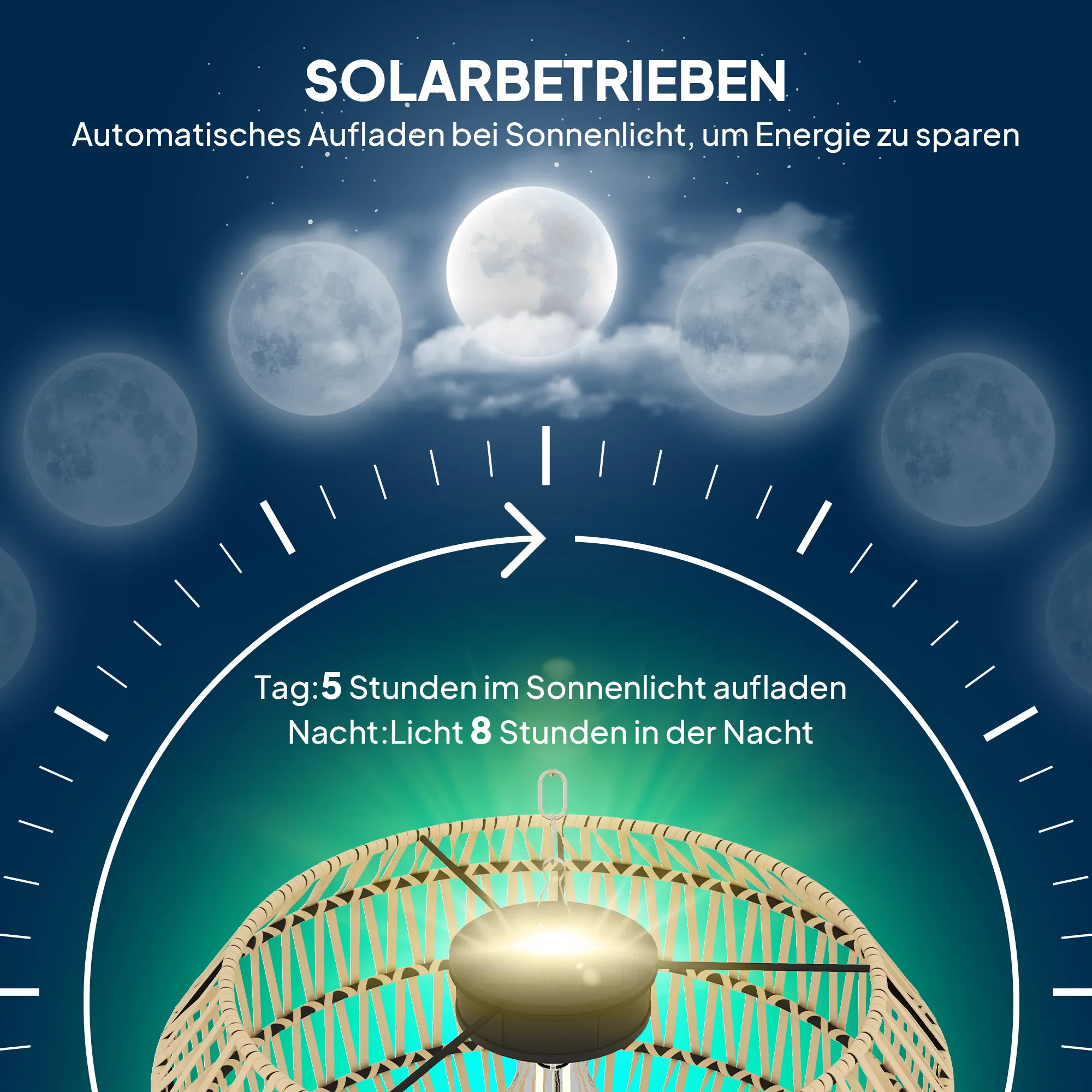 Solar Stehlampe Rattan Boho-Stil IP44 Schwarz-Gelb 178 cm