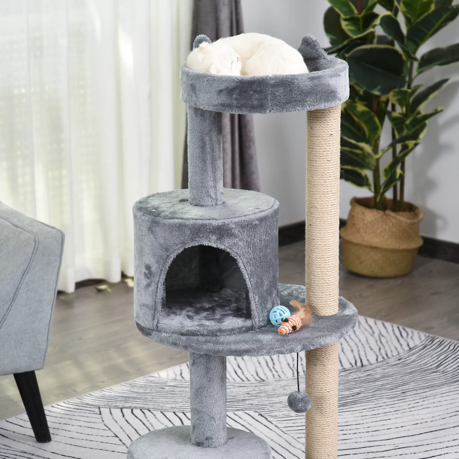 Katzenbaum 4-Stock Katzenhöhle Katzenhaus mit Spielbällen Sitzstange Sisalsäule und Kratzbrett groß stabil luxuriös Sisal Plüsch Grau 48x48x104 cm