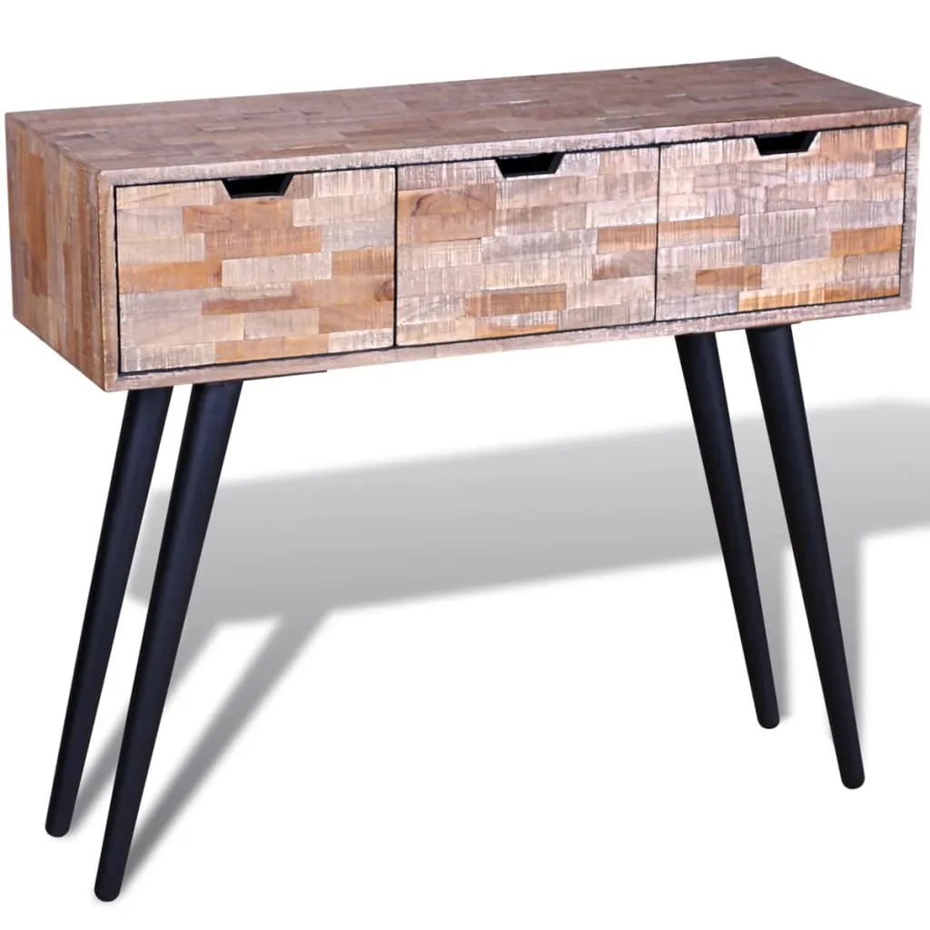 Konsolentisch aus Naturholz 87x31x75 cm mit schwarzem Gestell und 3 Schubladen