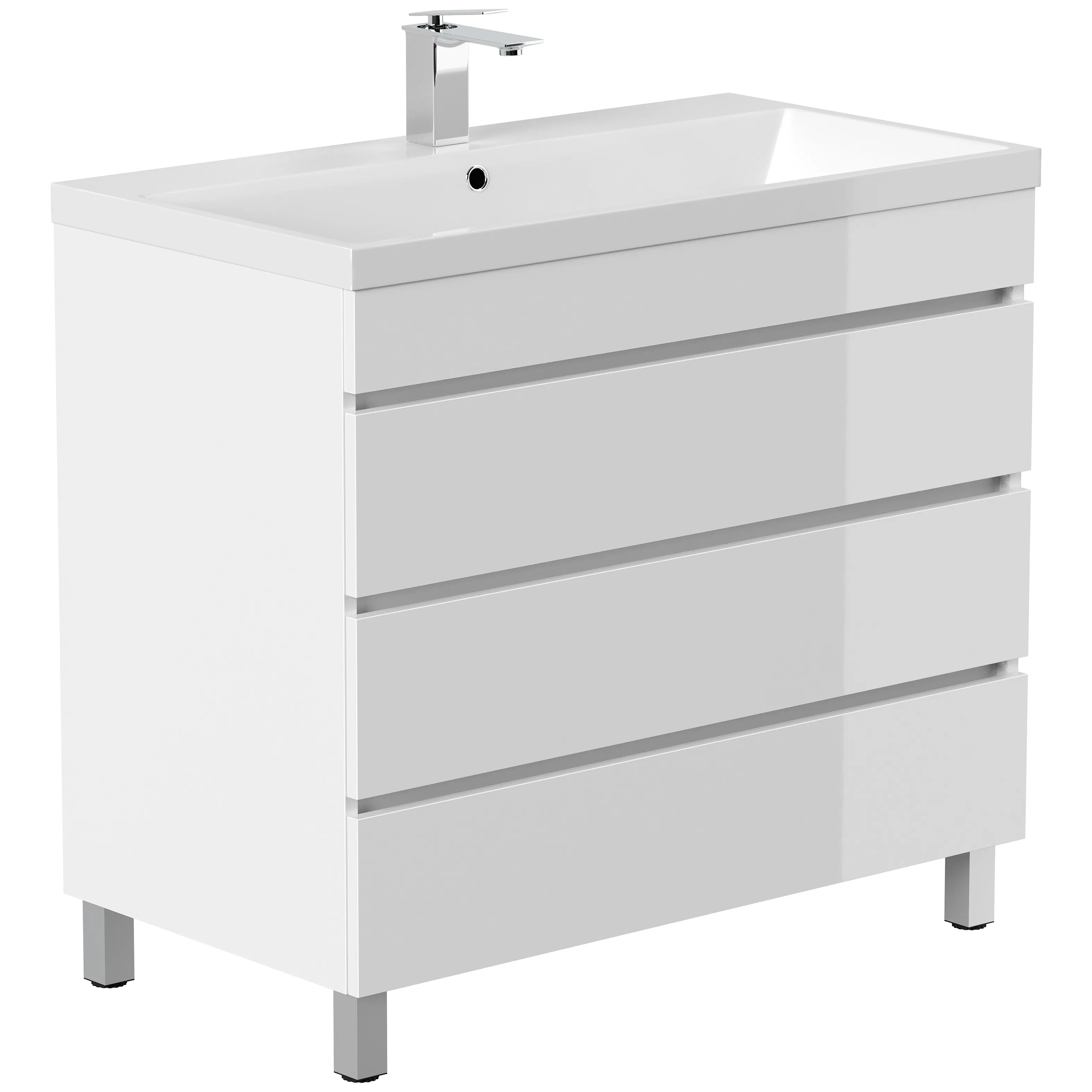 Stand Badmöbel Felini 90 weiss hochglanz mit drei grifflosen Schubladen
