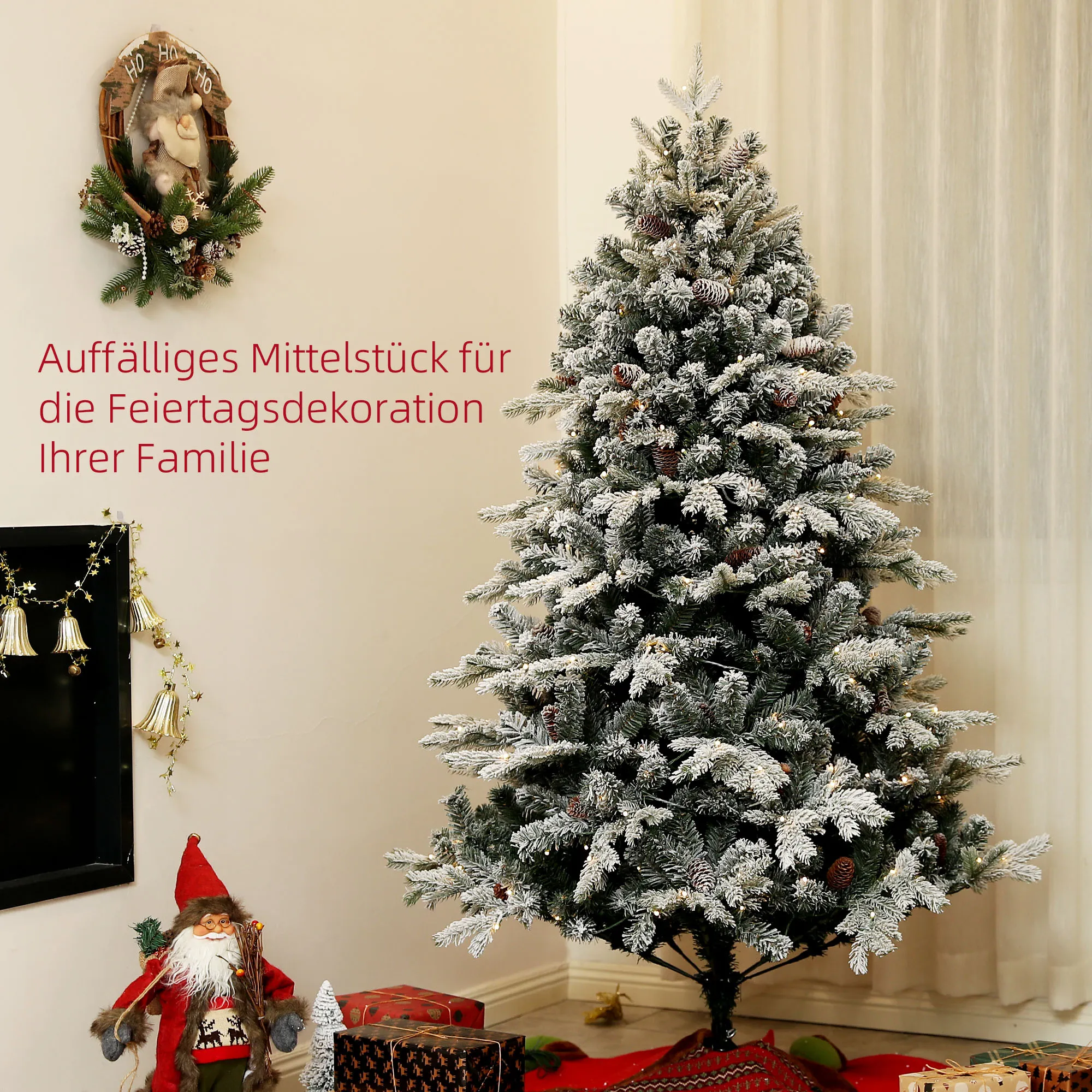 Künstlicher Weihnachtsbaum, 180 cm, LED-Lichter, schneebedeckt, flammenhemmend, Metall