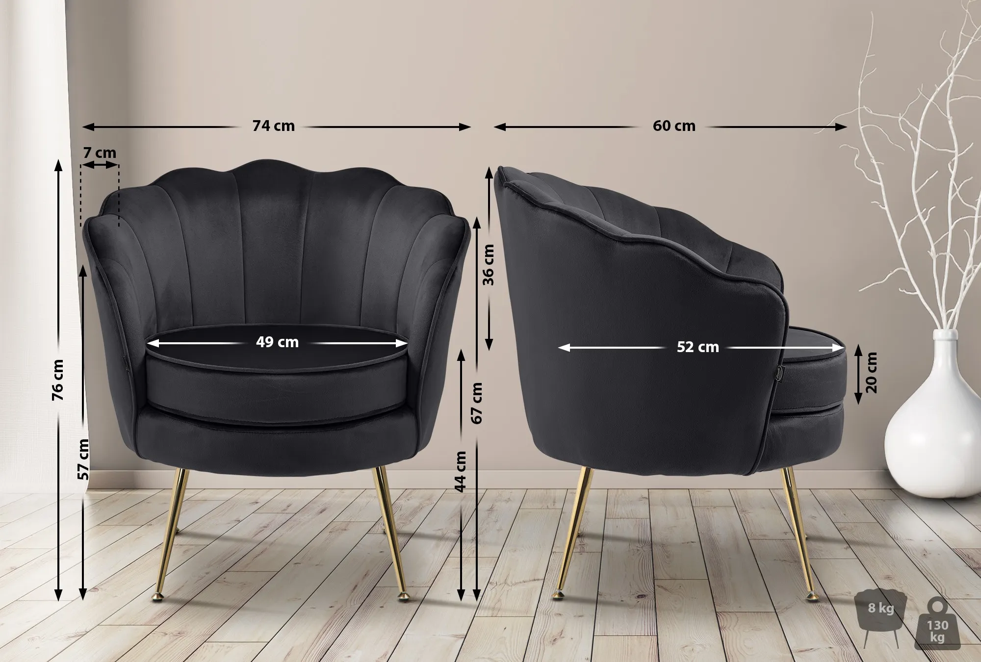 Polstersessel Rosita 76x74x60 cm schwarz