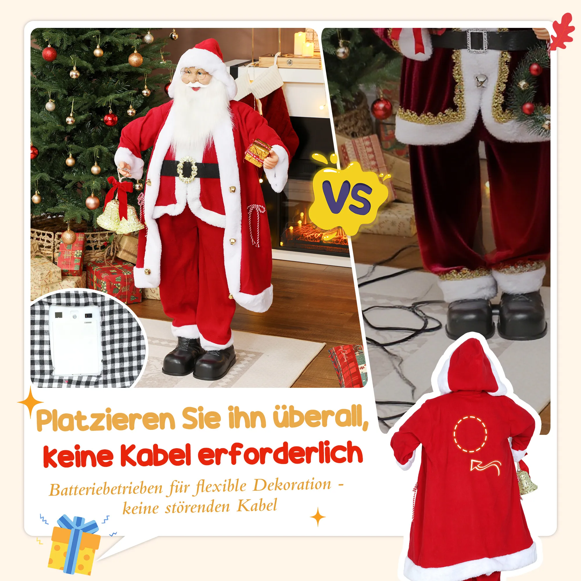 Weihnachtsmann 1,15 m stehende Weihnachtsmann mit Geschenk- und Weihnachtsglock Indoor, Rot