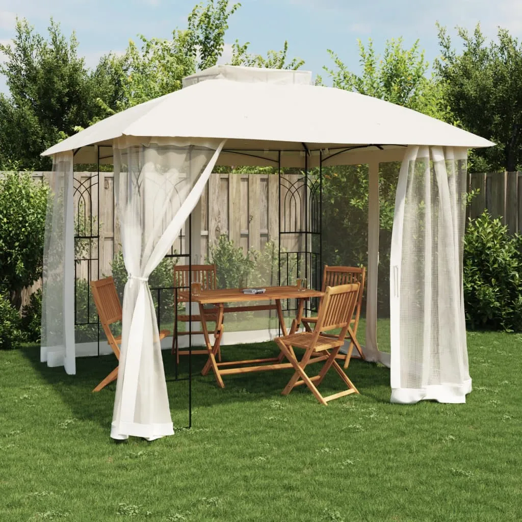 Pavillon 2,94x2,94x2,7 m Anthrazit mit cremefarbenem Polyester-Dach und Netzwänden