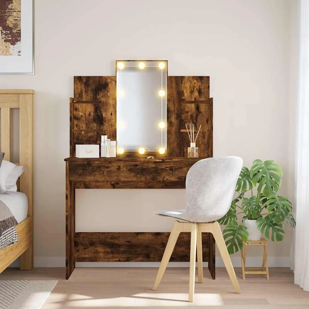 Schminktisch mit Spiegel und LED-Beleuchtung 96x40x142 cm Räuchereiche