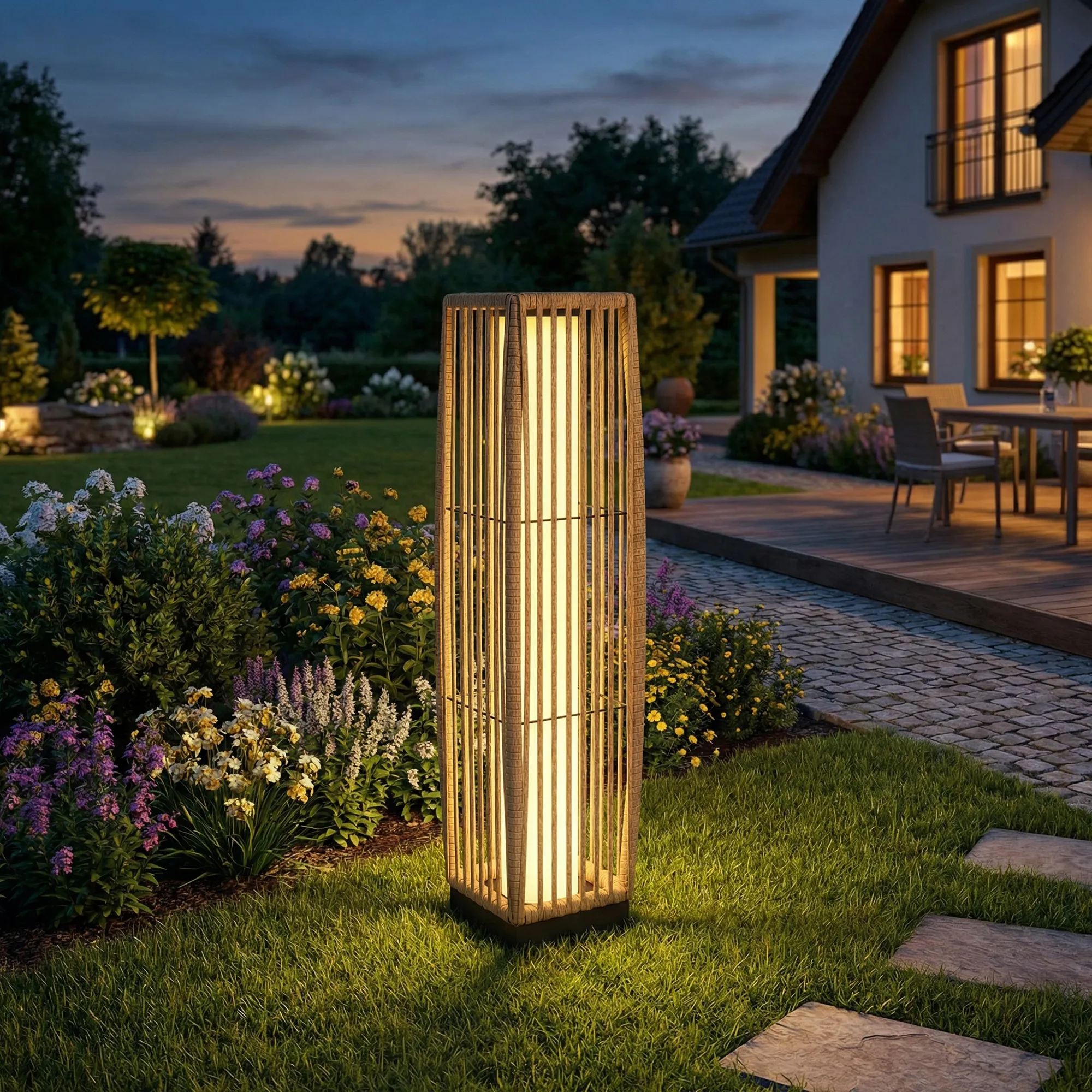 Solar Stehlampe Rattan Boho-Stil IP44, Sand, 19x19x68 cm
