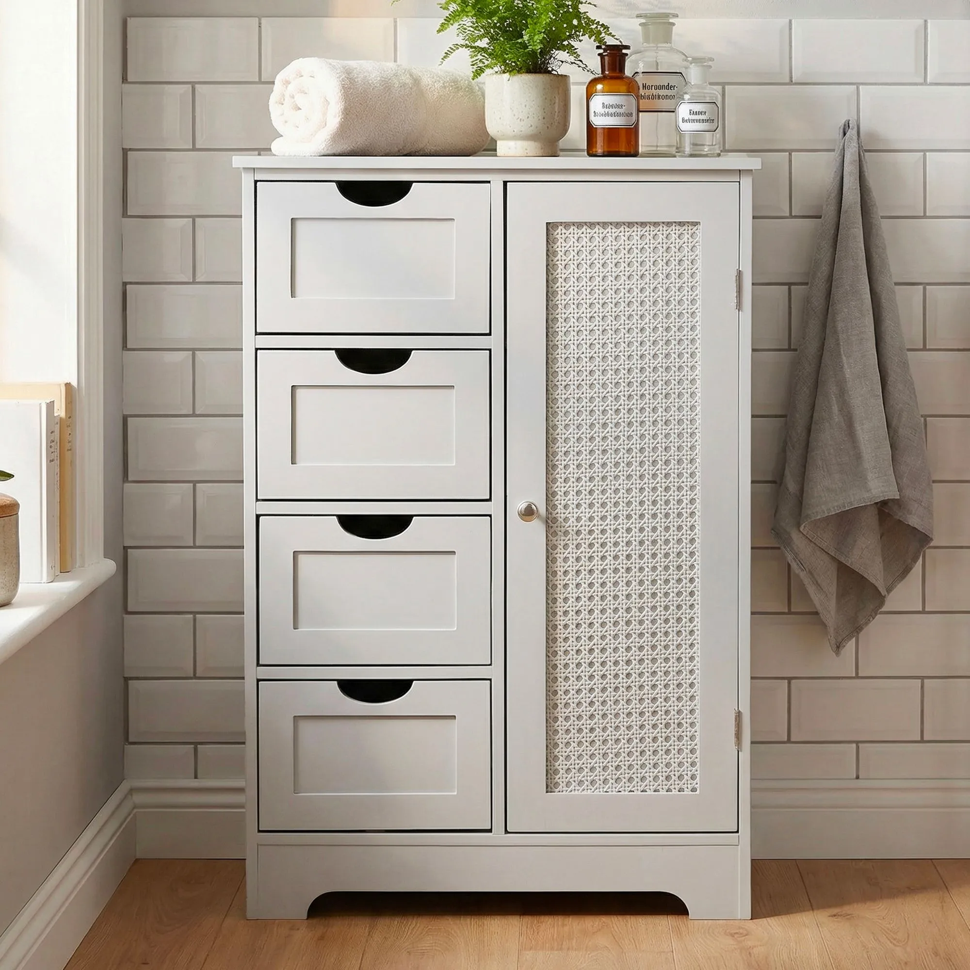 schmaler Badschrank 55x80 cm mit Wiener Geflecht – Badezimmerschrank mit Tür und 4 Schubladen – Badregal aus lackiertem MDF – Badezimmerregal modern – Aufbewahrungsschrank Bad Badezimmer