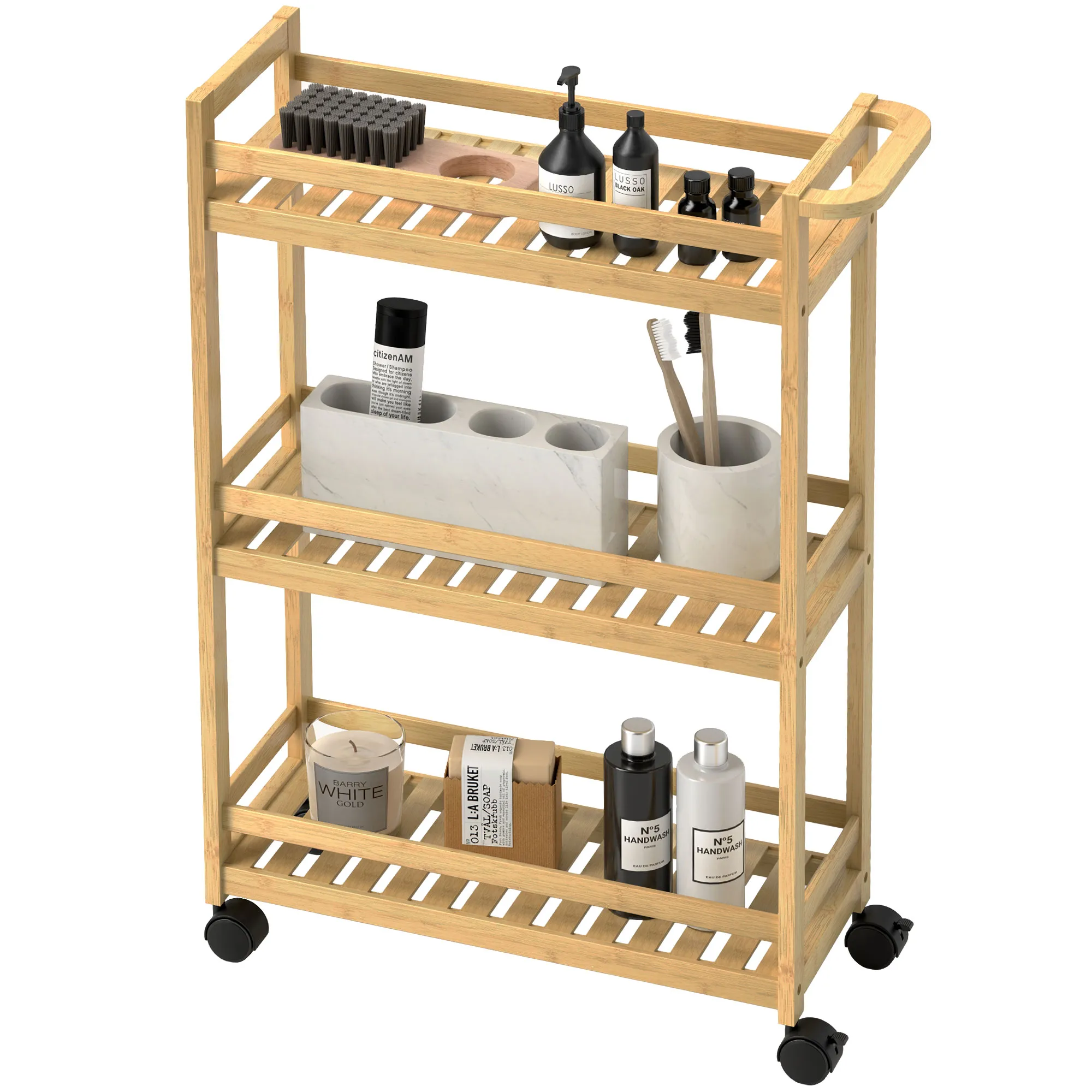 Servierwagen, 3 Etagen, Lamellenböden, Herausfallschutz, Bambus, 55 x 20 x 75 cm