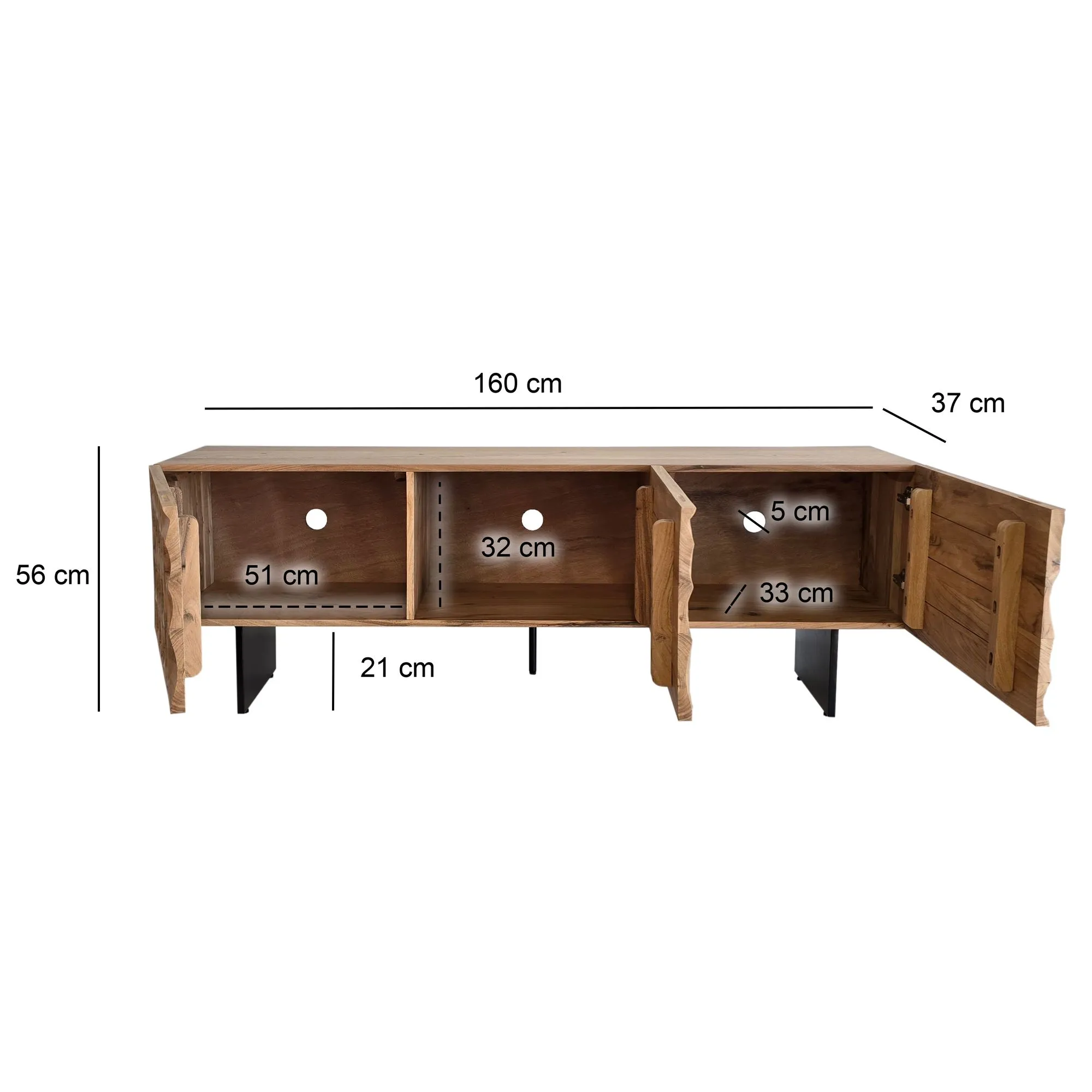 Lowboard Akazie Massivholz 160x56x37 cm TV-Kommode mit drei Türen