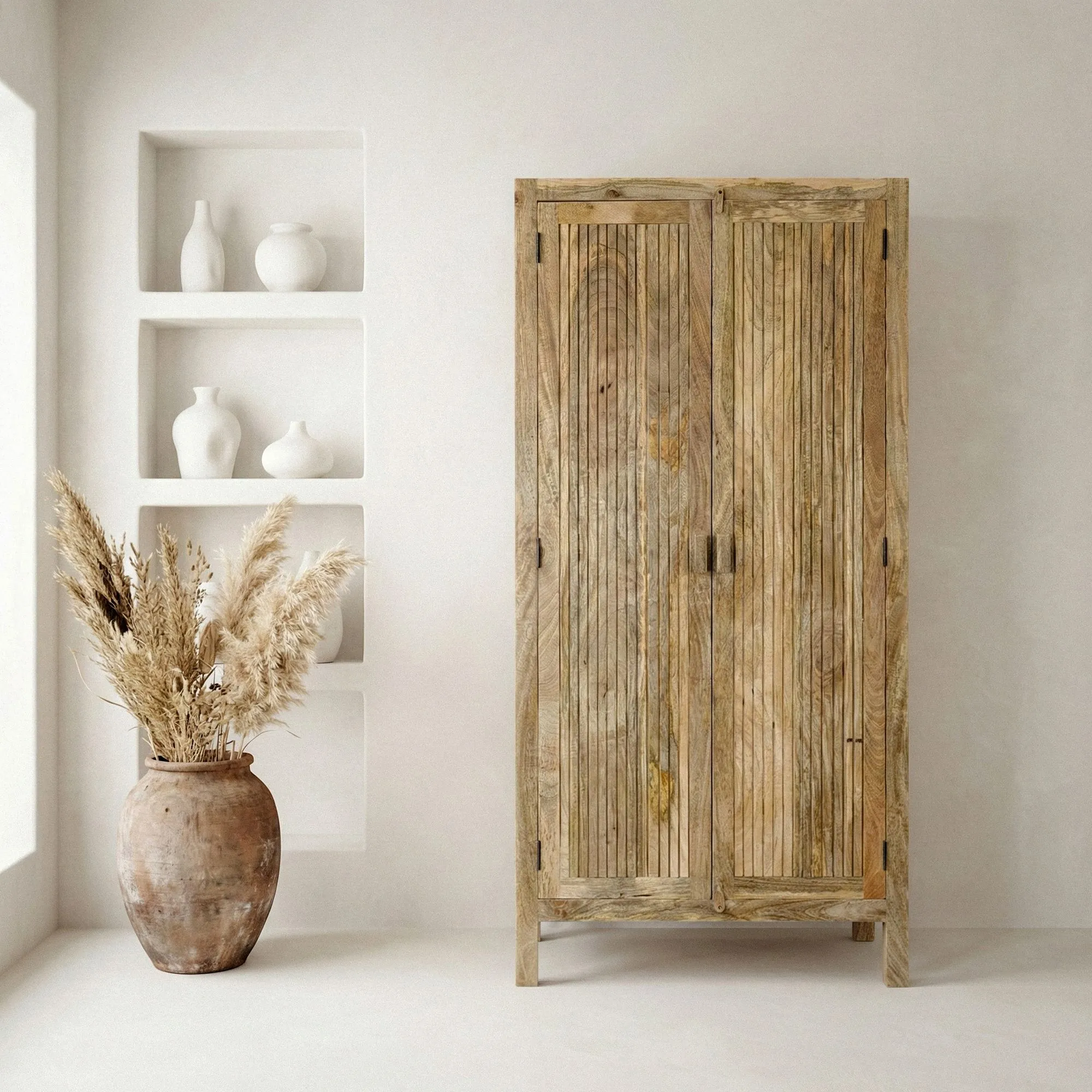 Schrank Mango Massivholz Natur 187cm - Wohnzimmerschrank hoch - Mehrzweckschrank Landhaus - Kleiderschrank mit 2 Türen - Design Massivholzschrank Handmade