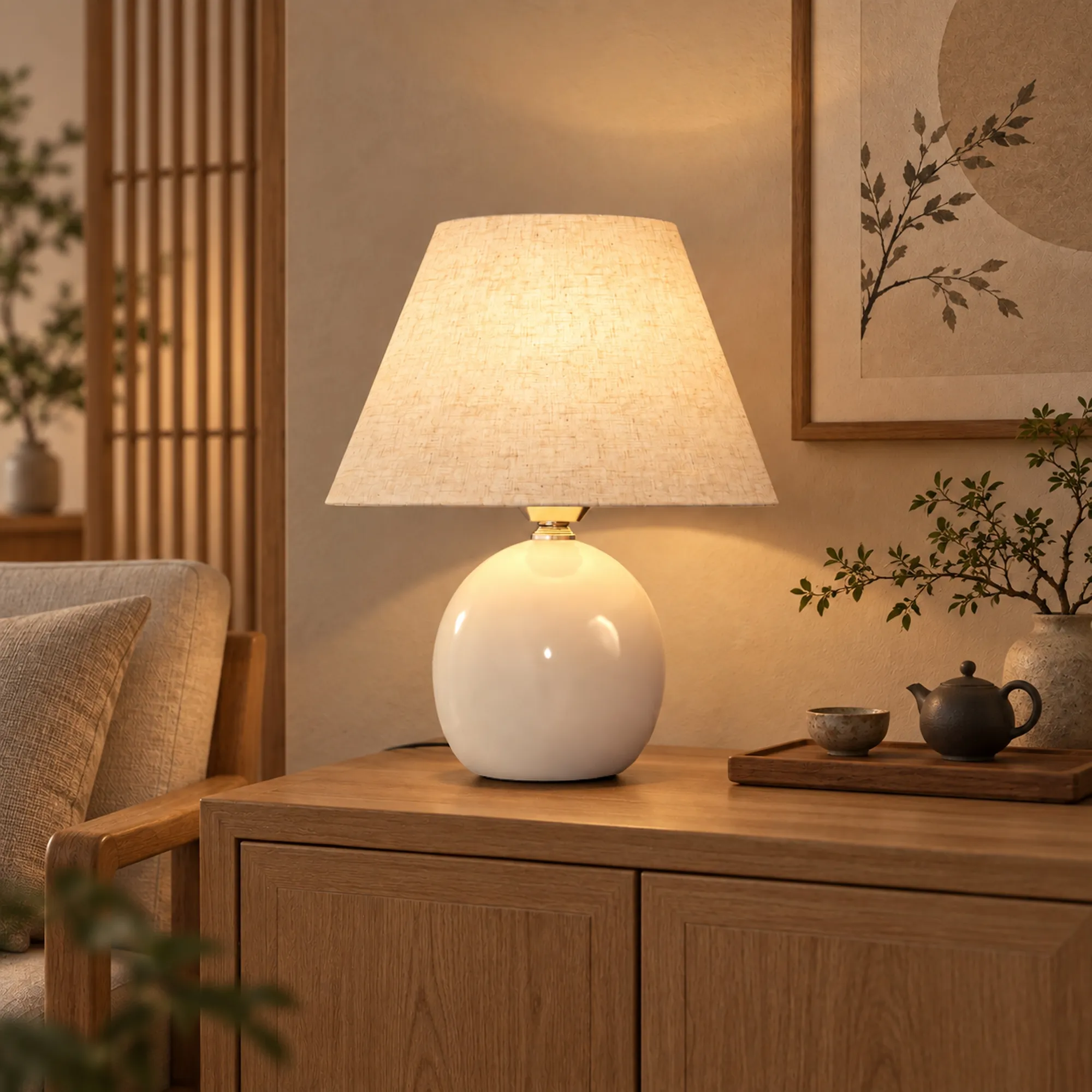 Tischlampe Vintage mit Keramiksockel und Leinen, Cremeweiß