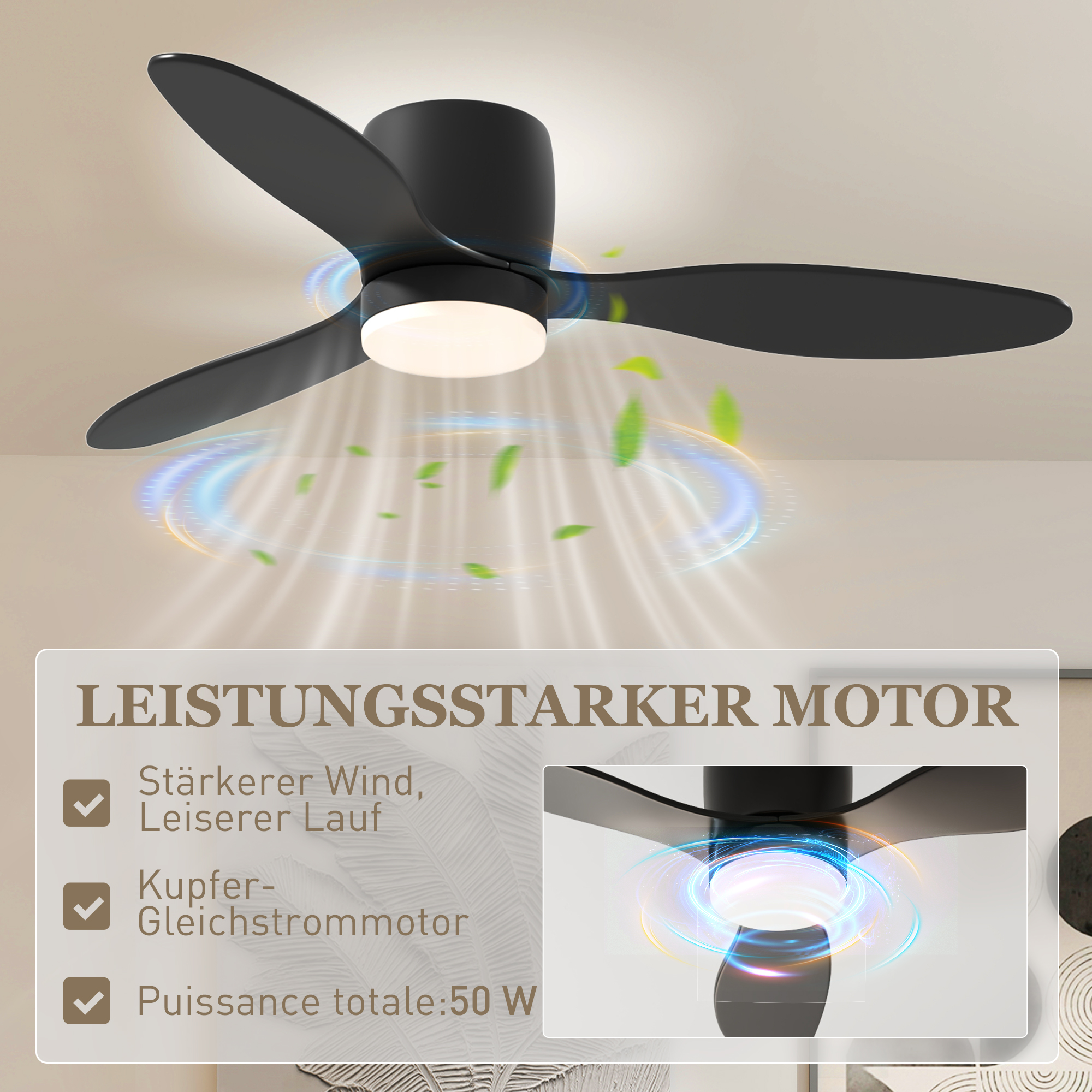 Deckenventilator mit Licht Ø115 cm Schwarz