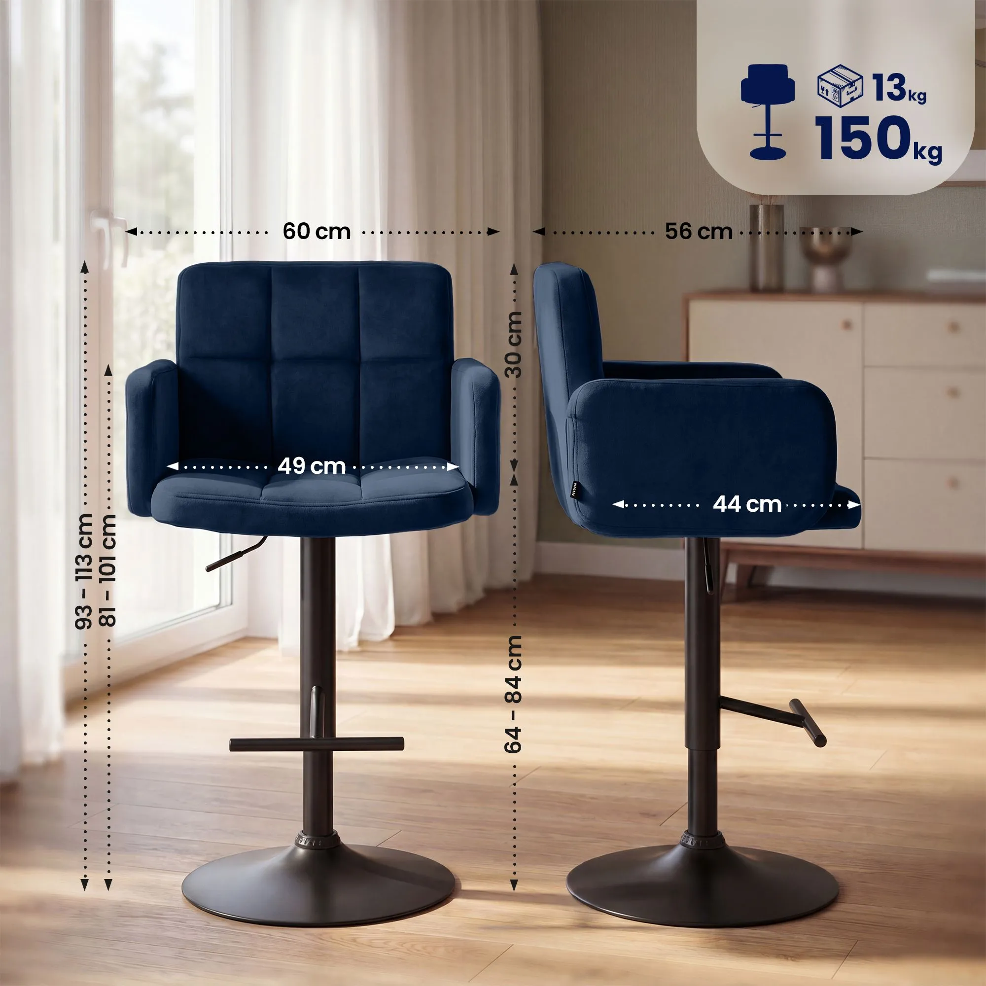 2er Set Barhocker Los Angeles 93x60x56 cm Blau