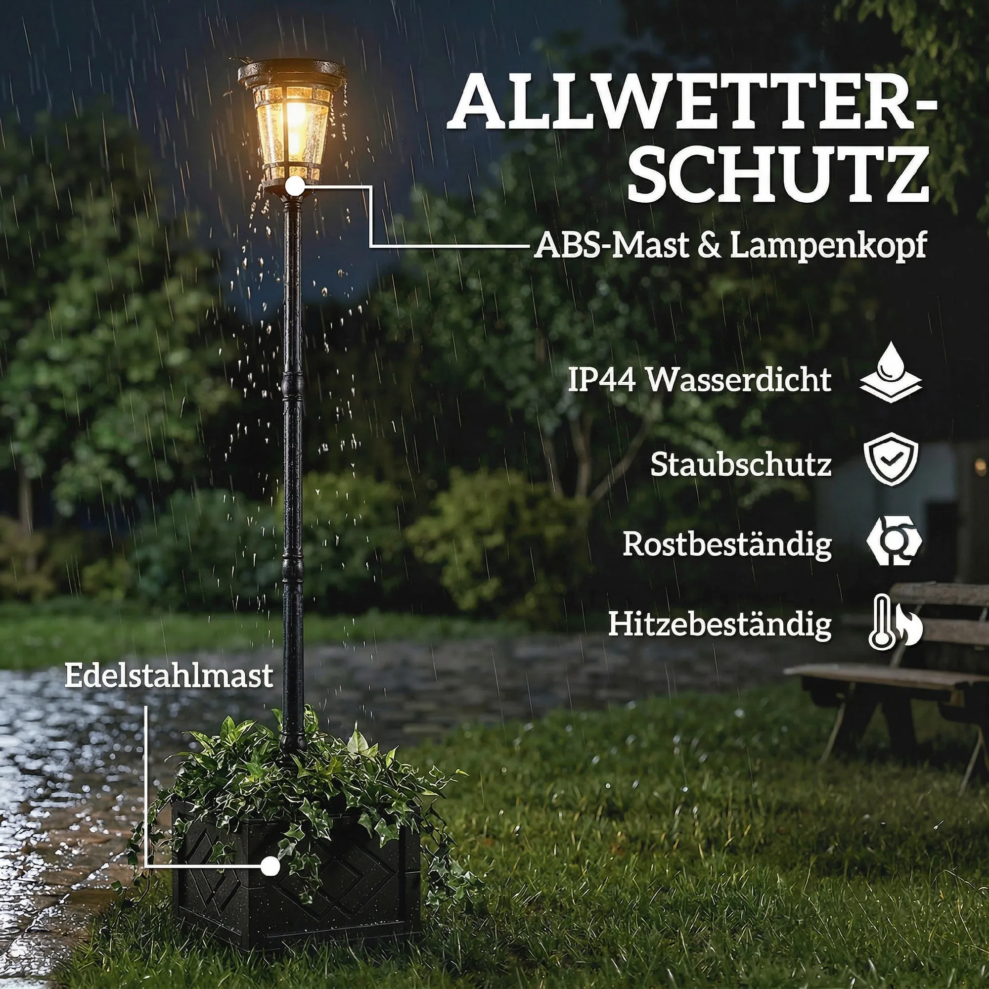 Solar Gartenlaterne mit Pflanzkübel, Kunststoff, 195cm, Schwarz