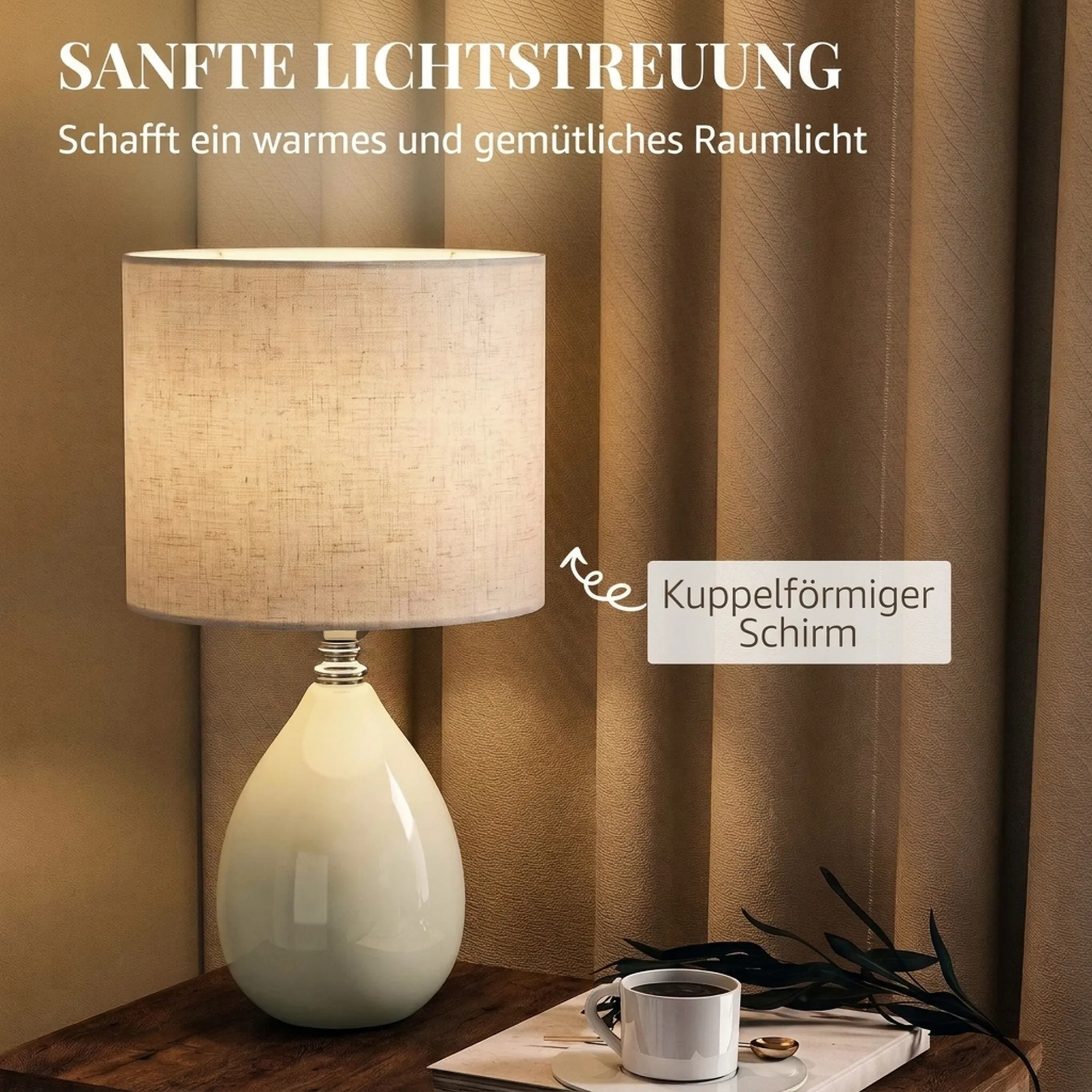 Tischlampe Vintage Keramik mit Leinenschirm, Cremeweiß, 35 cm