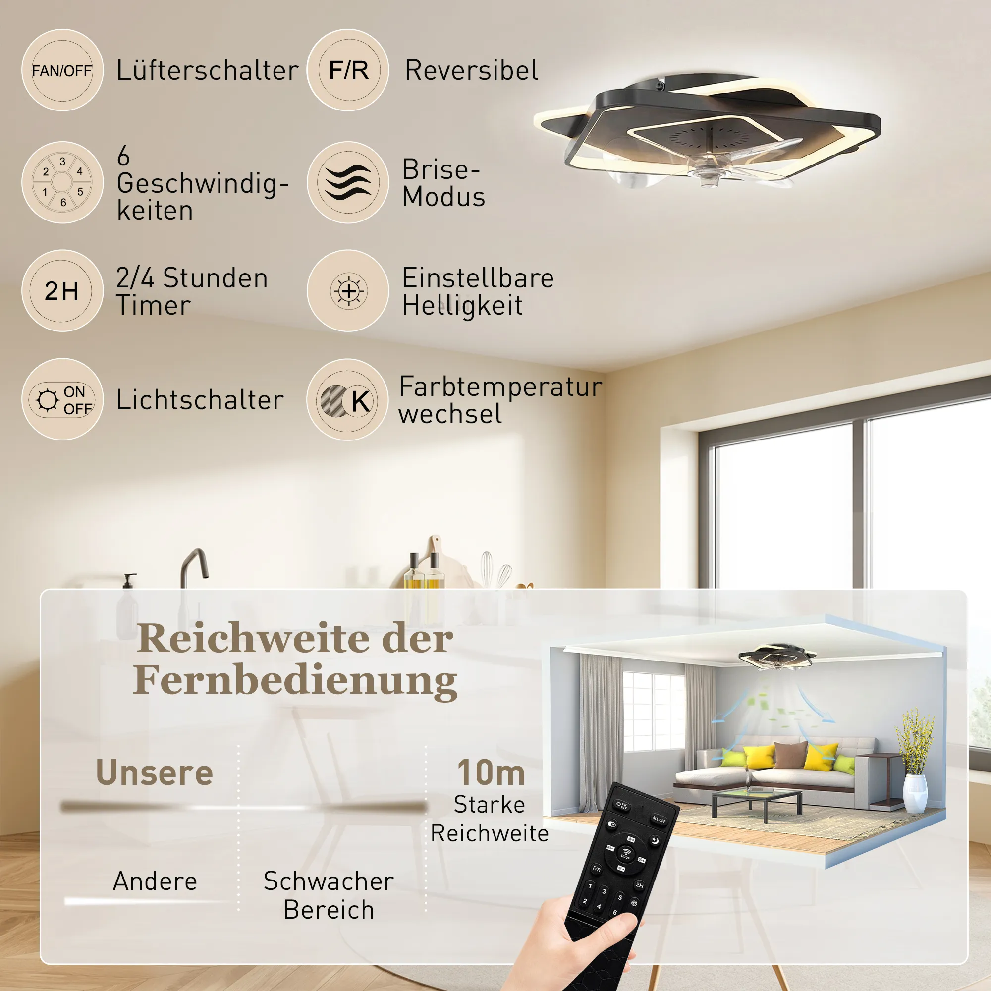 Deckenventilator mit Licht und Fernbedienung, LED-Deckenventilator mit 6 Geschwindigkeiten, 3 Farbtemperaturen