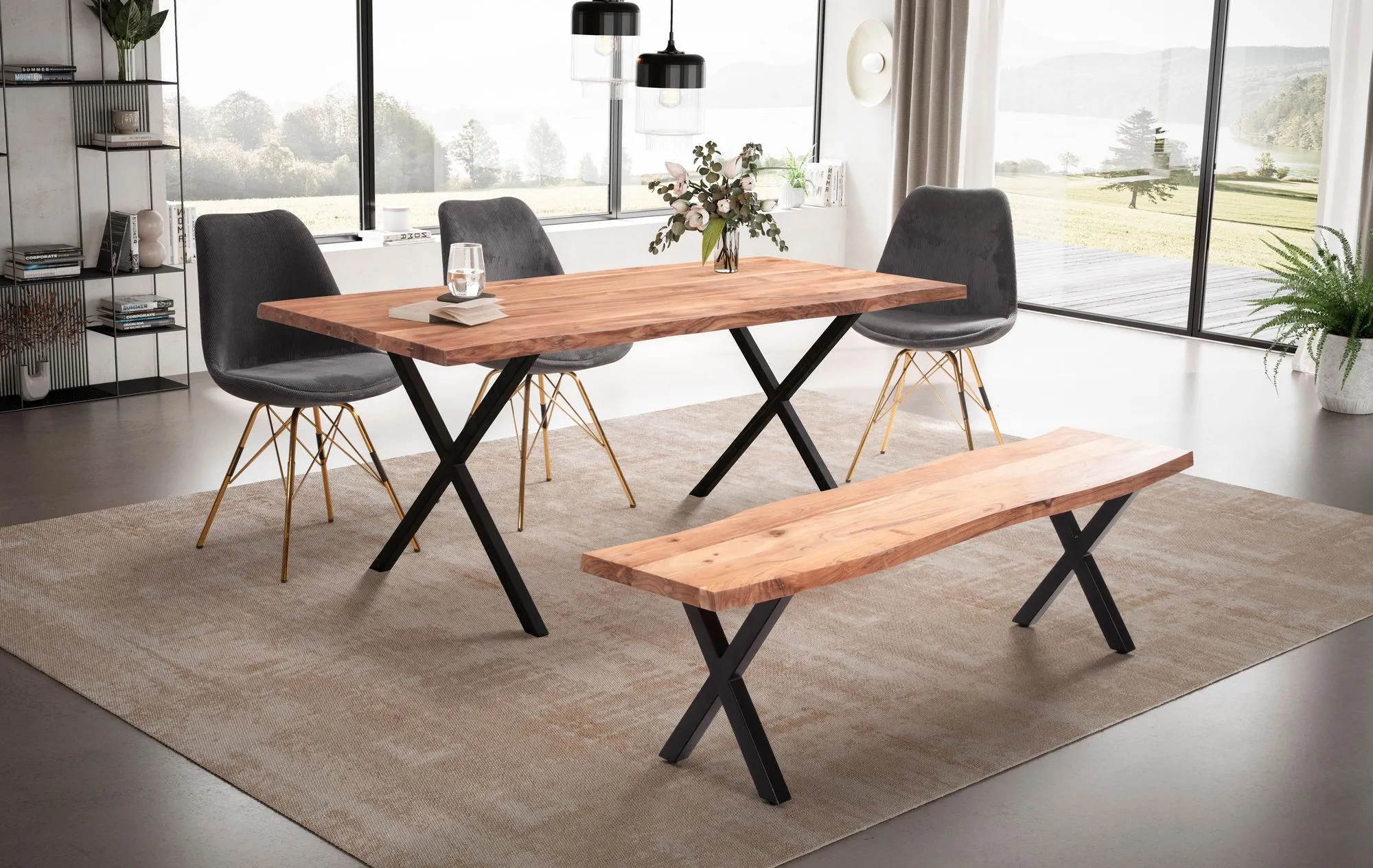 Esszimmertisch 180x90x76 cm Akazie Massivholz / Metall Esstisch Baumkante