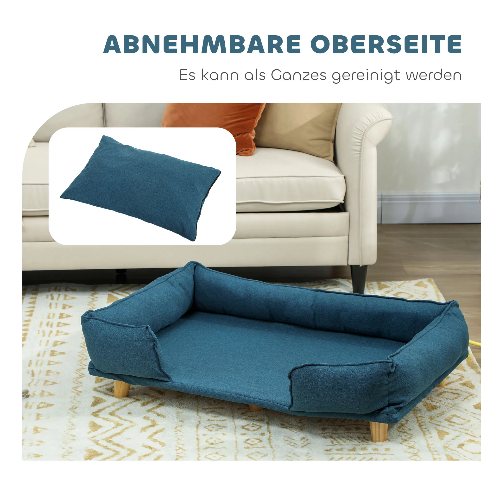 Hundesofa, Haustiersofa, Haustierbett, abnehmbares u. waschbares Polster, Natur+ Dunkelblau