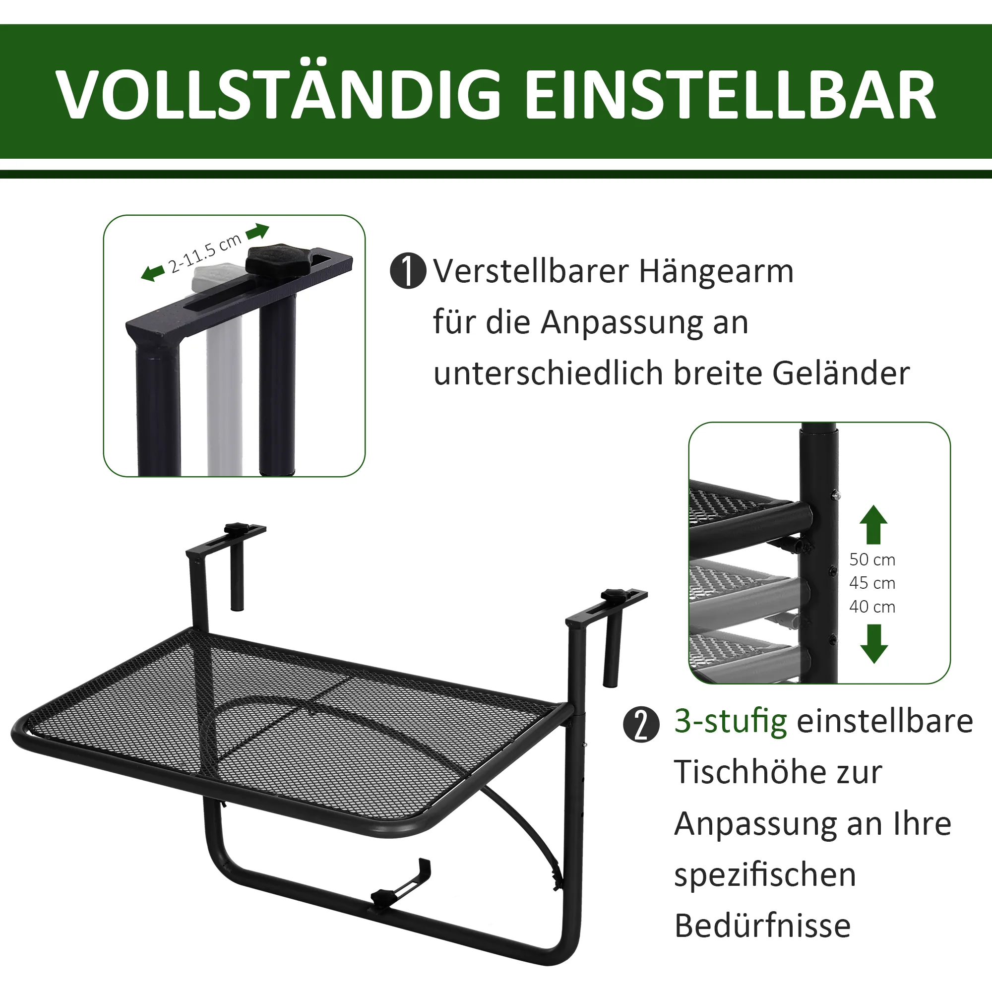 Balkonhängetisch 60x56,4x45 cm Schwarz