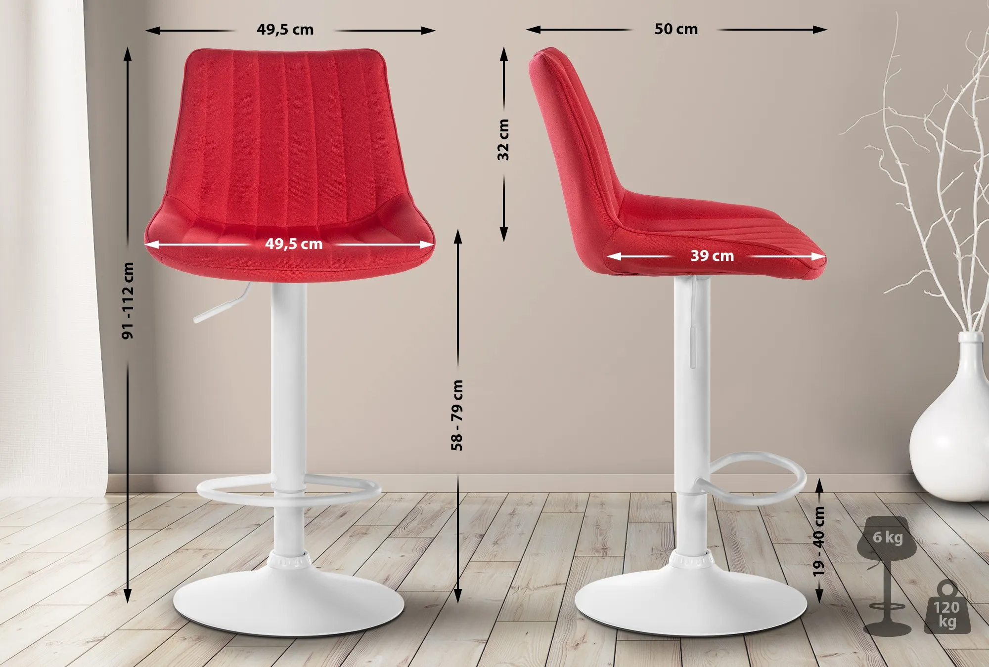 Barhocker Set Toni Stoff 91-112x49,5x50 cm Rot